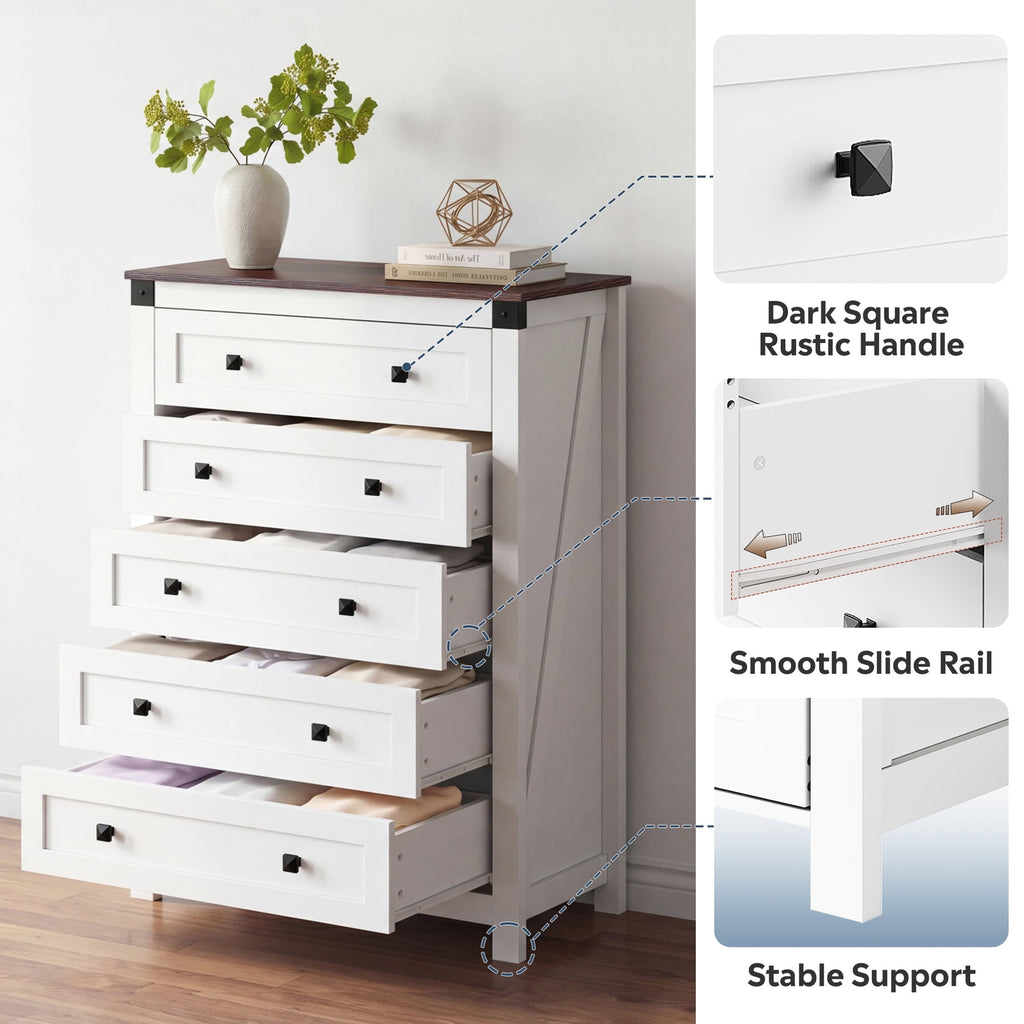GALAXHERO Farmhouse 5 Drawer Dresser,Tall Dresser with Double Rustic Handles, Wood Chest of Drawers for Bedroom, Living Room, Hallway