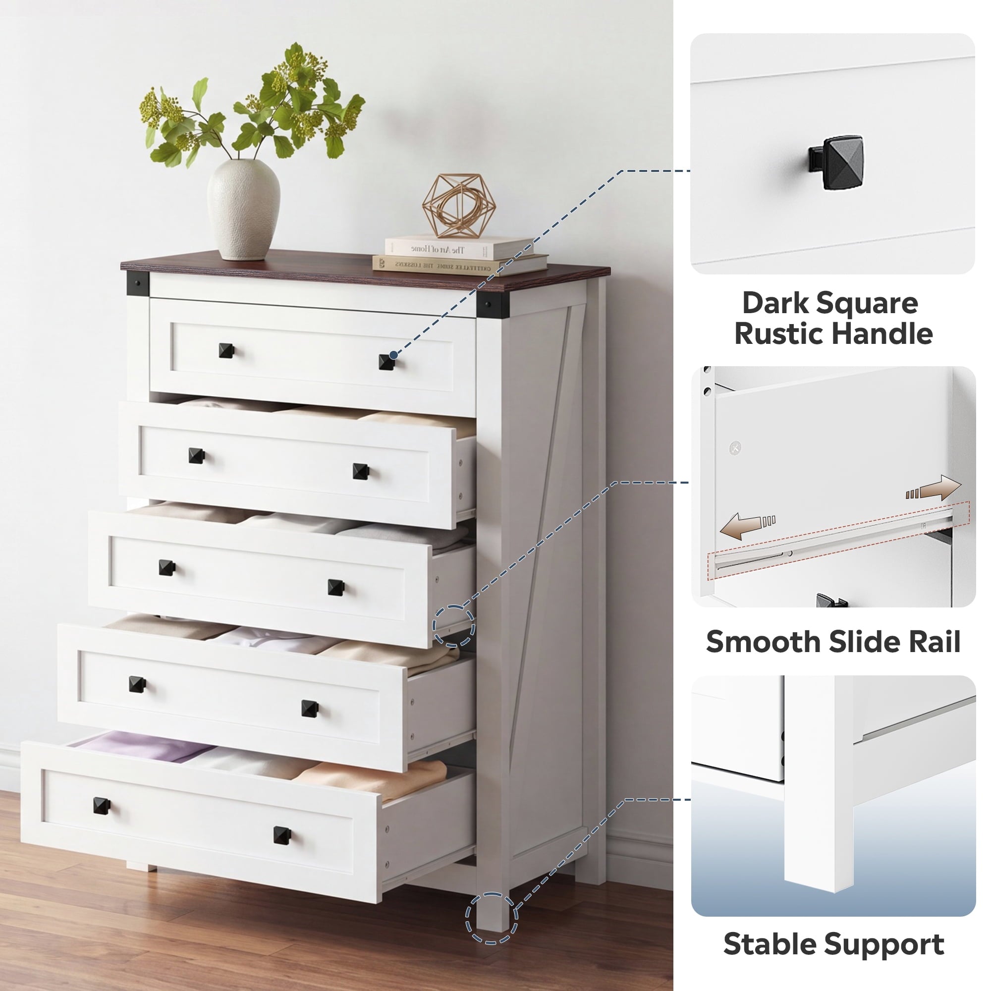 GALAXHERO Farmhouse 5 Drawer Dresser,Tall Dresser with Double Rustic Handles, Wood Chest of Drawers for Bedroom, Living Room, Hallway