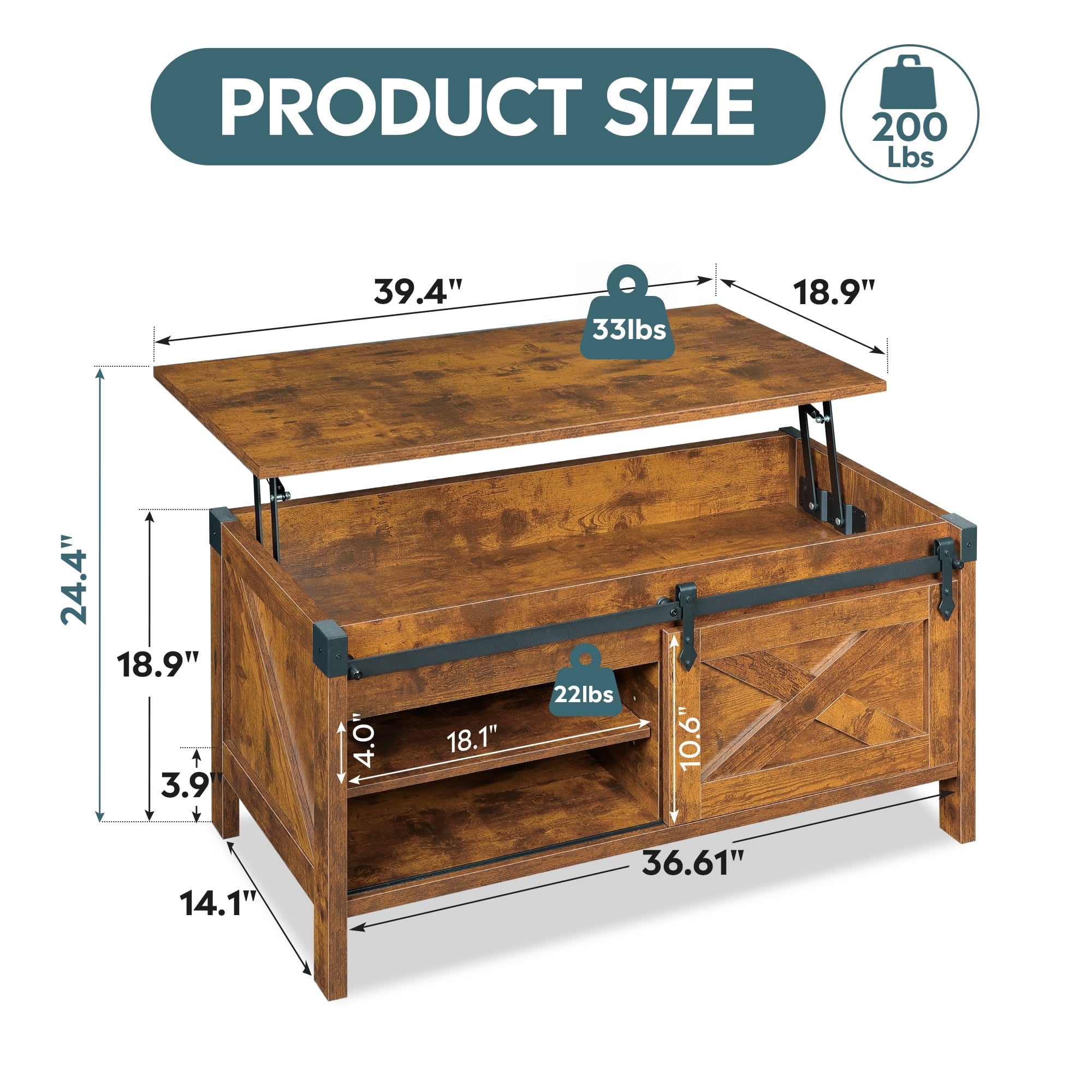 GALAXHERO 39.4" Farmhouse Large Coffee Table Lift Top Coffee Table with Hidden Storage Compartment Sliding Barn Doors Modern Wood Center Table for Living Room