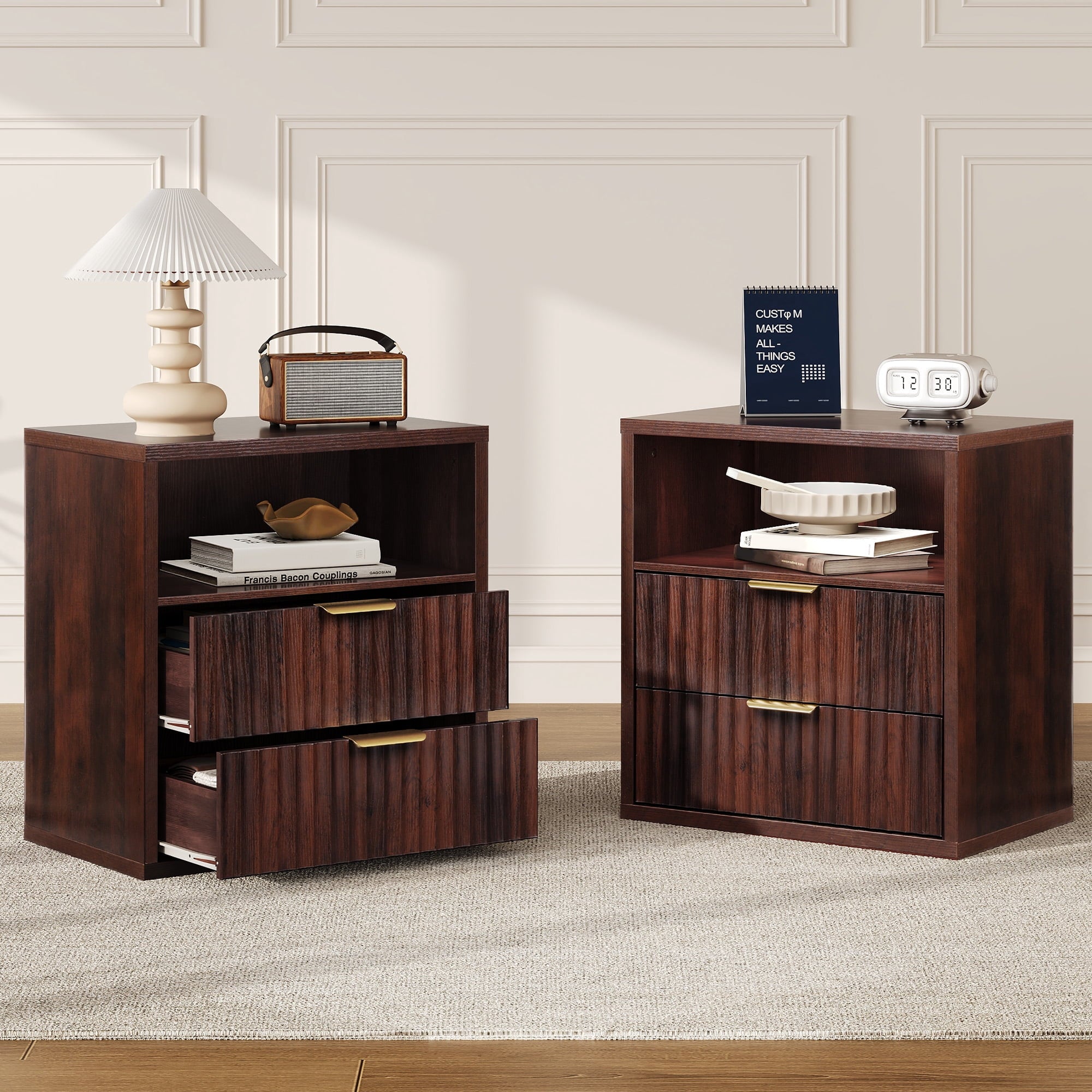 GALAXHERO 2 Drawer Nightstands Set of 2, Wood Fluted End Table with Open Shelf, Mid Century Modern Bedside Tables for Bedroom, Living Room, Espresso