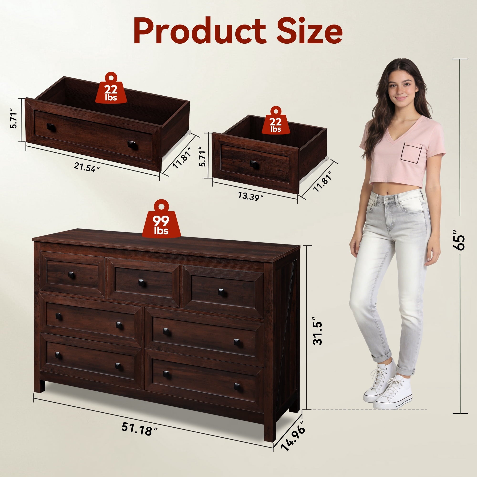 GALAXHERO Farmhouse Dresser for Bedroom, 51.18'' Wide 7 Drawer Wood Dresser, TV Stand for 65 inch TV, Wooden Chest of Drawers for Bedroom, Modern Clothes Organizer for Living Room, Hallway