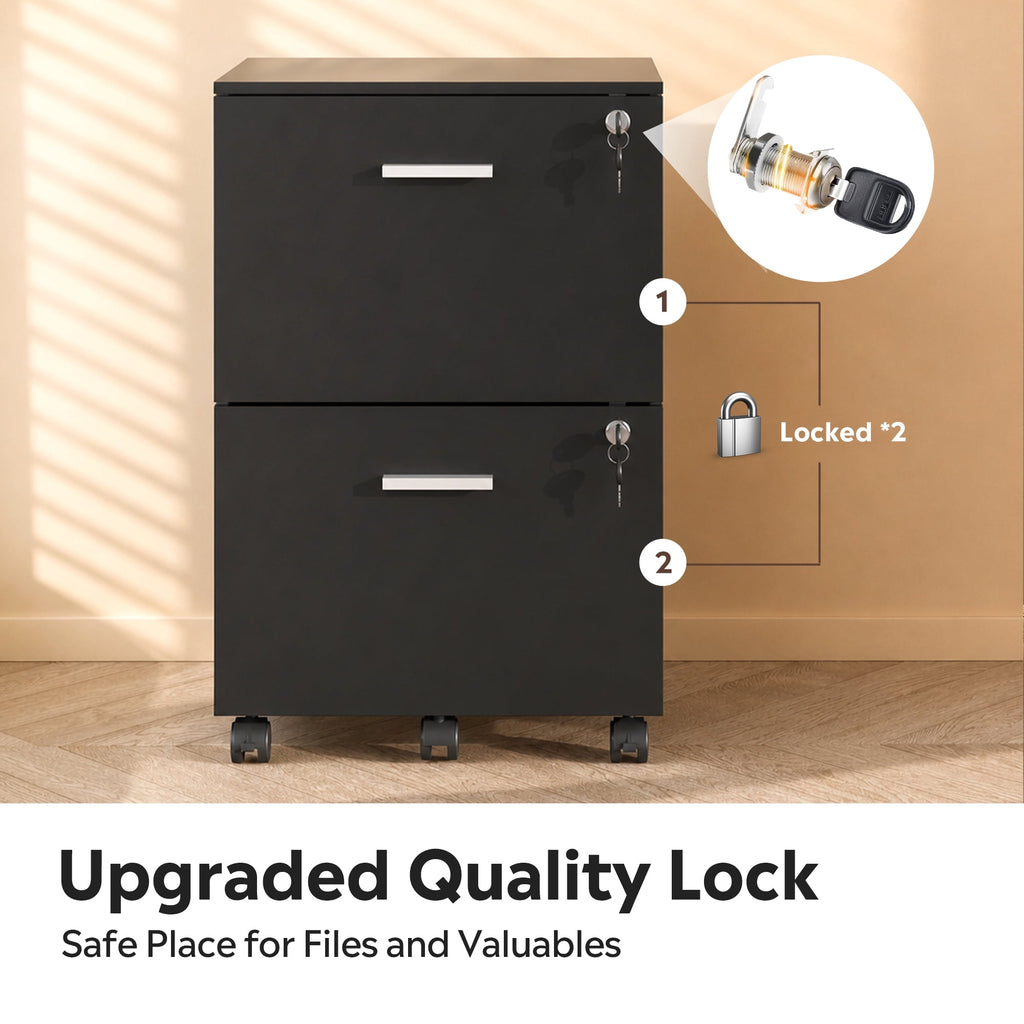 GALAXHERO 2 Drawer Filing Cabinet with Lock, Wooden Printer Stand with Storage for Home Office, Mobile Locking File Cabinet Fits Letter/A4 Hanging Files