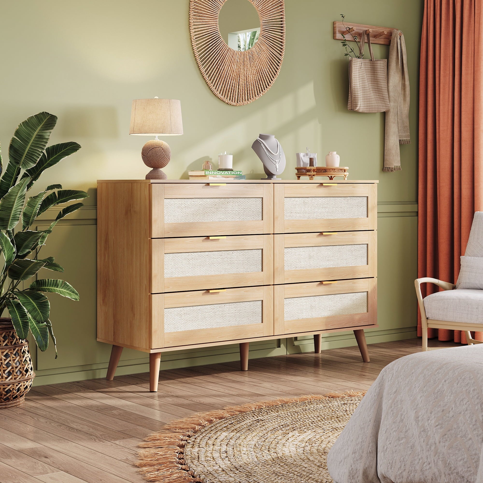 GALAXHERO Rattan Dresser for Bedroom, 6 Drawer 47.24'' Wide Boho Wood Dresser, Chest of Drawers, TV Stand for 55 inch TV, Storage Cabinet for Living Room, Gold Metal Handle, Hallway, Light Oak