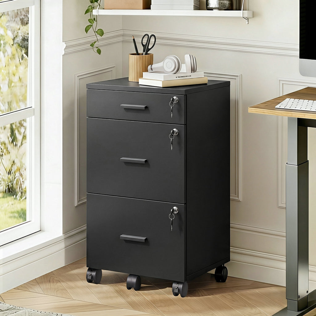 GALAXHERO Filing Cabinet with Lock and Key, 3 Drawer Rolling File Cabinet, Wood File Cabinet for Home Office, Fits Letter/A4 Size
