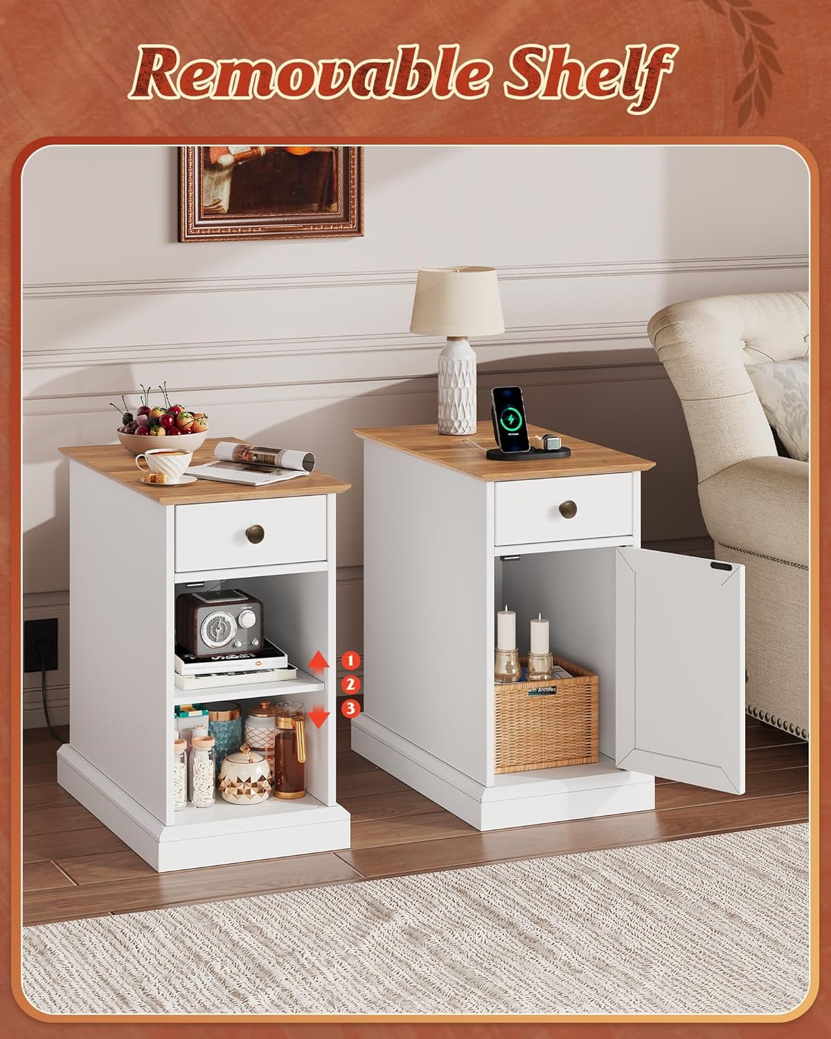 GALAXHERO End Table Narrow Side Table for Living Room, Farmhouse Night Stand with Storage Drawer, Small Wooden Nightstand with Concealed Outlets