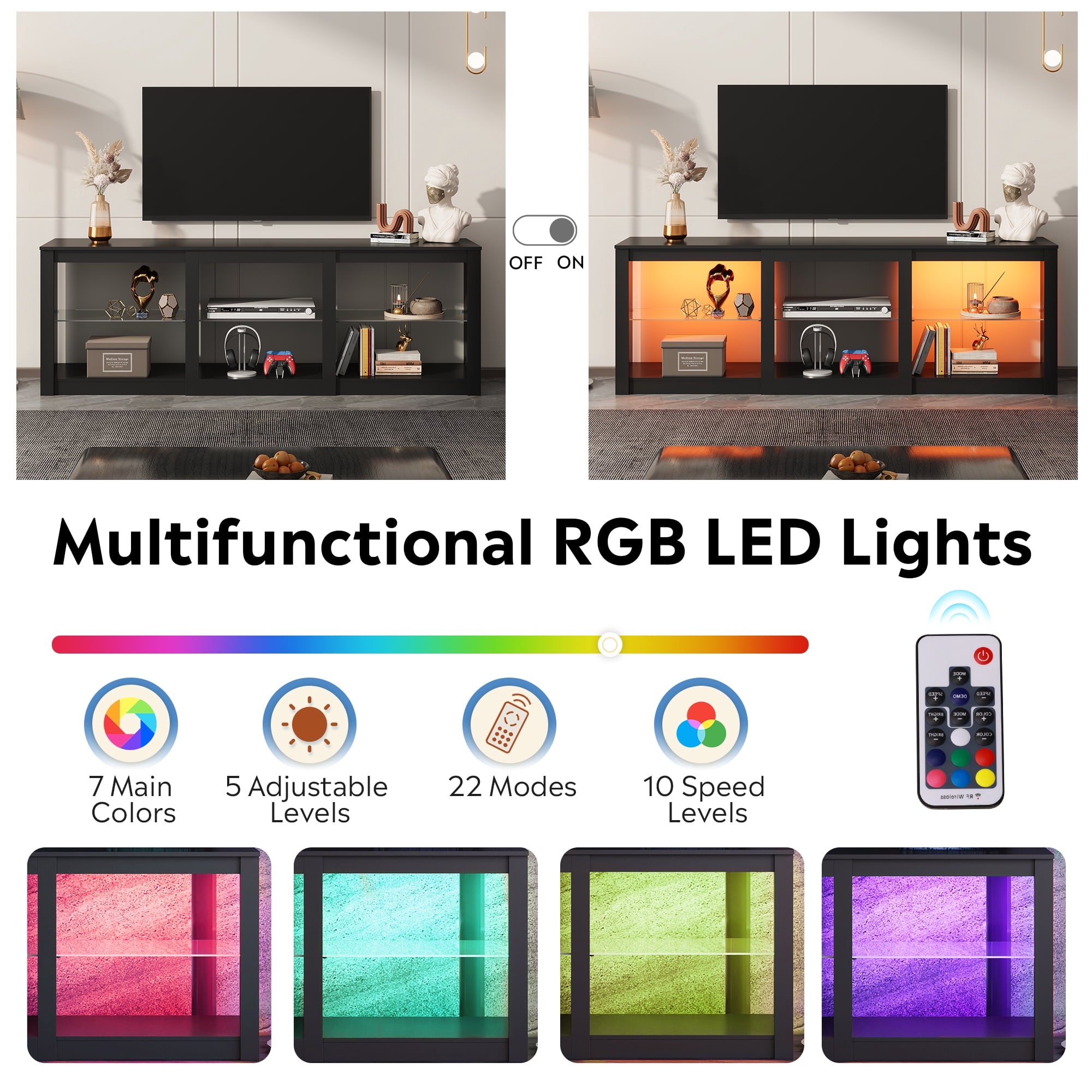 GALAXHERO TV Stand for 55/65/75 Inch, TV Modern Entertainment Center with LED Lights & Adjustable Glass Shelves Sturdy Media Console for Living Room, Bedroom, Gaming