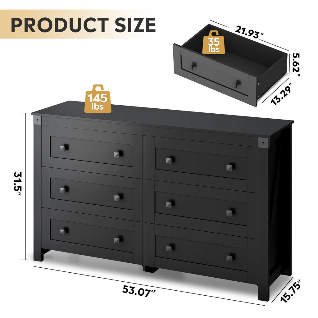 GALAXHERO Farmhouse 6 Drawer Dresser, Wood Dresser with Double Rustic Handles, TV Stand for 60" TV for Living Room, 53.07'' Wide Chest of Drawers for Bedroom, Hallway