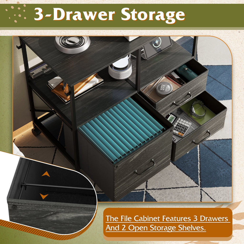 GALAXHERO 3 Drawer File Cabinet with Charging Station, Mobile Printer Stand with Storage Shelf for Home Office, Fit Letter/A4 Size, Wood Grain Print