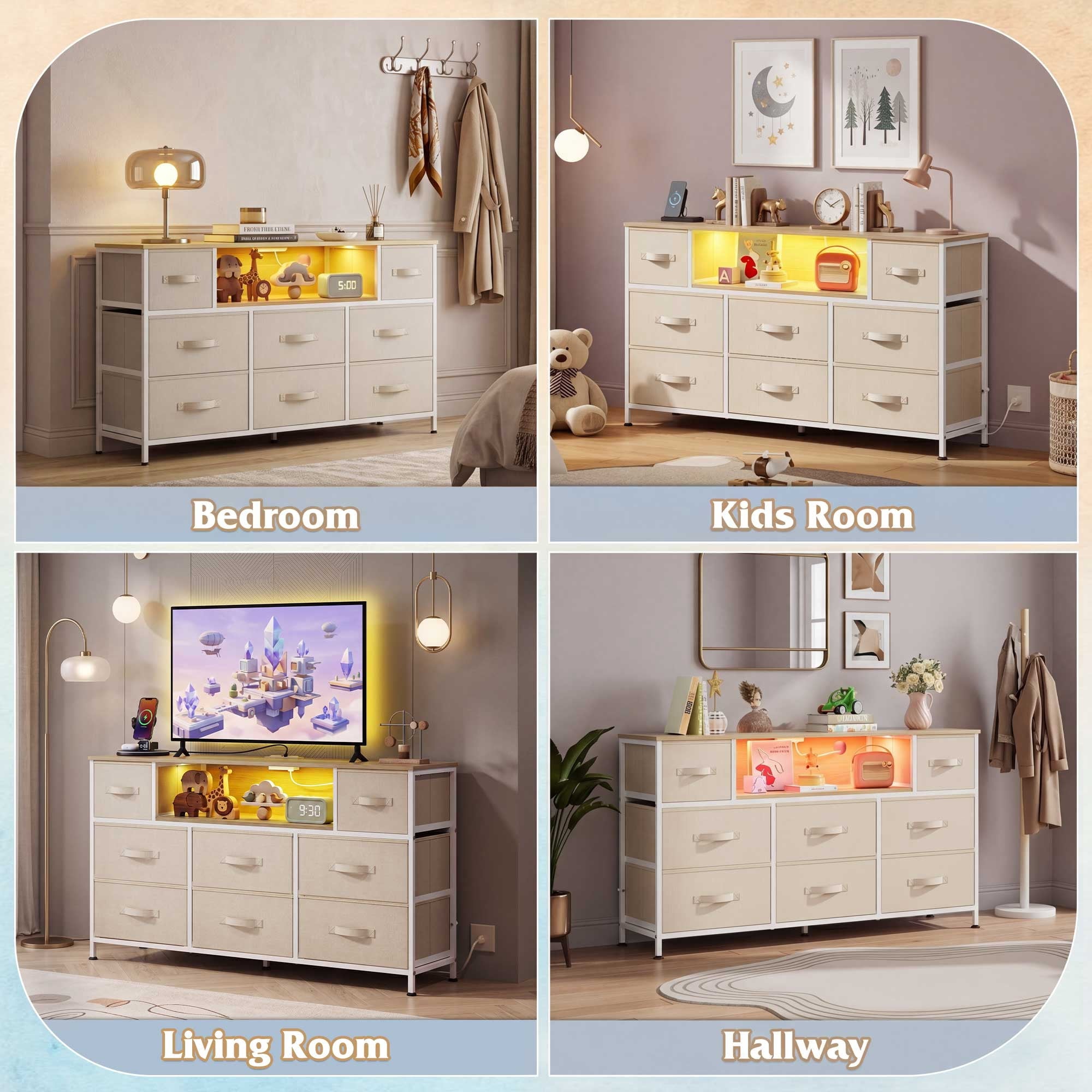 GALAXHERO 8-Drawer Dressers for Bedroom, Dresser TV Stand for 55'' TV with LED Lights and Power Outlets, Fabric Chest of Drawers for Living Room, Entryway