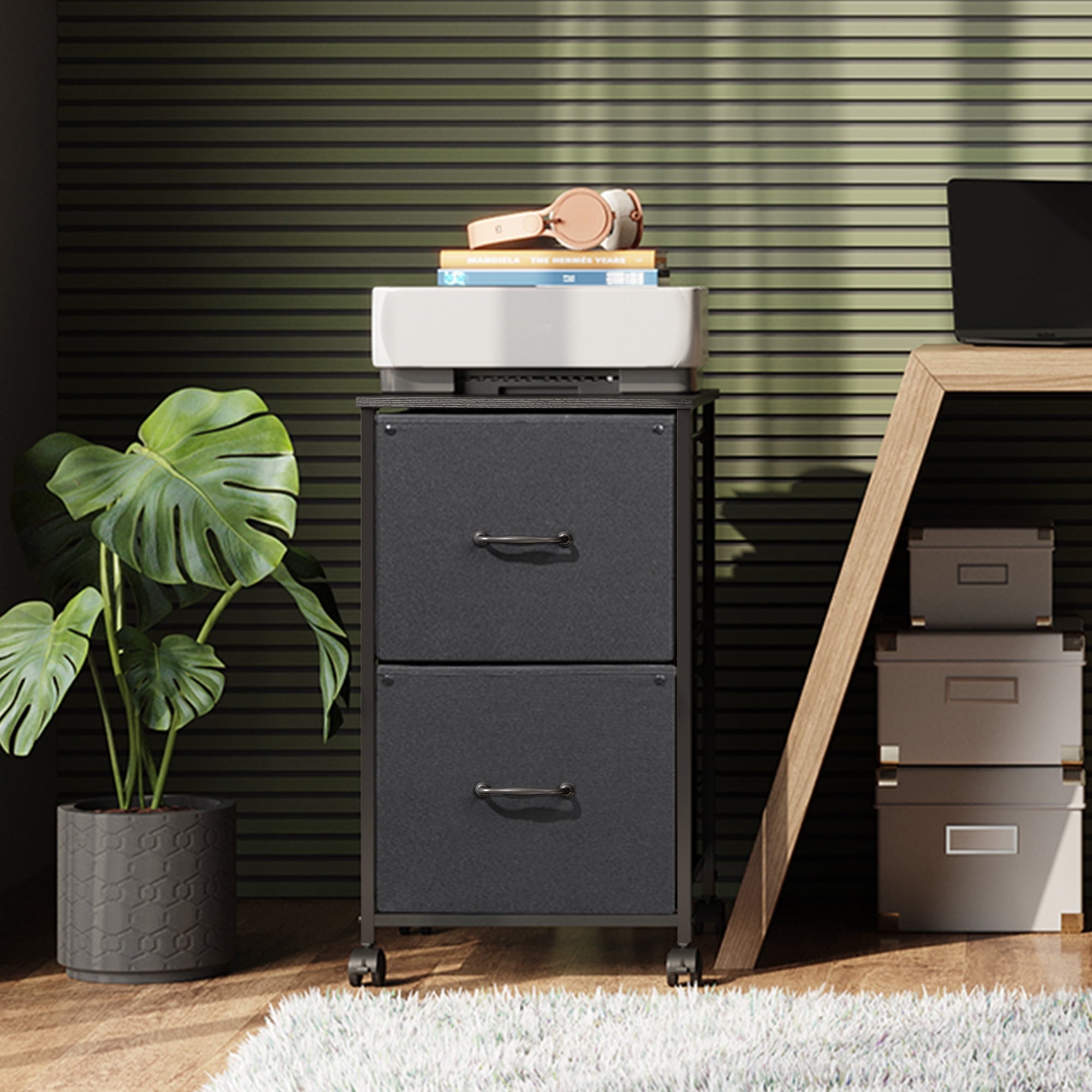GALAXHERO 2 Drawer File Cabinet, Rolling Printer Stand Filing Cabinets for Home Office, Fabric Vertical File Cabinet Fits A4 or Letter Size, Wood Grain Print