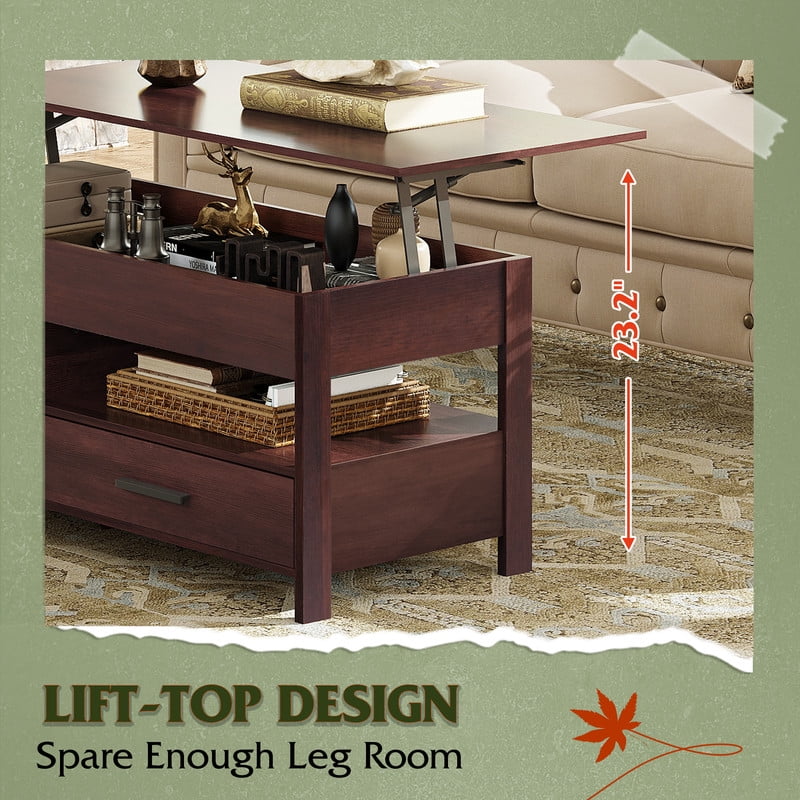 GALAXHERO Coffee Table, 39" Lift Top Coffee Table with Hidden Compartment, Storage Drawers and Storage Shelf for Living Room, Reception Room, Espresso