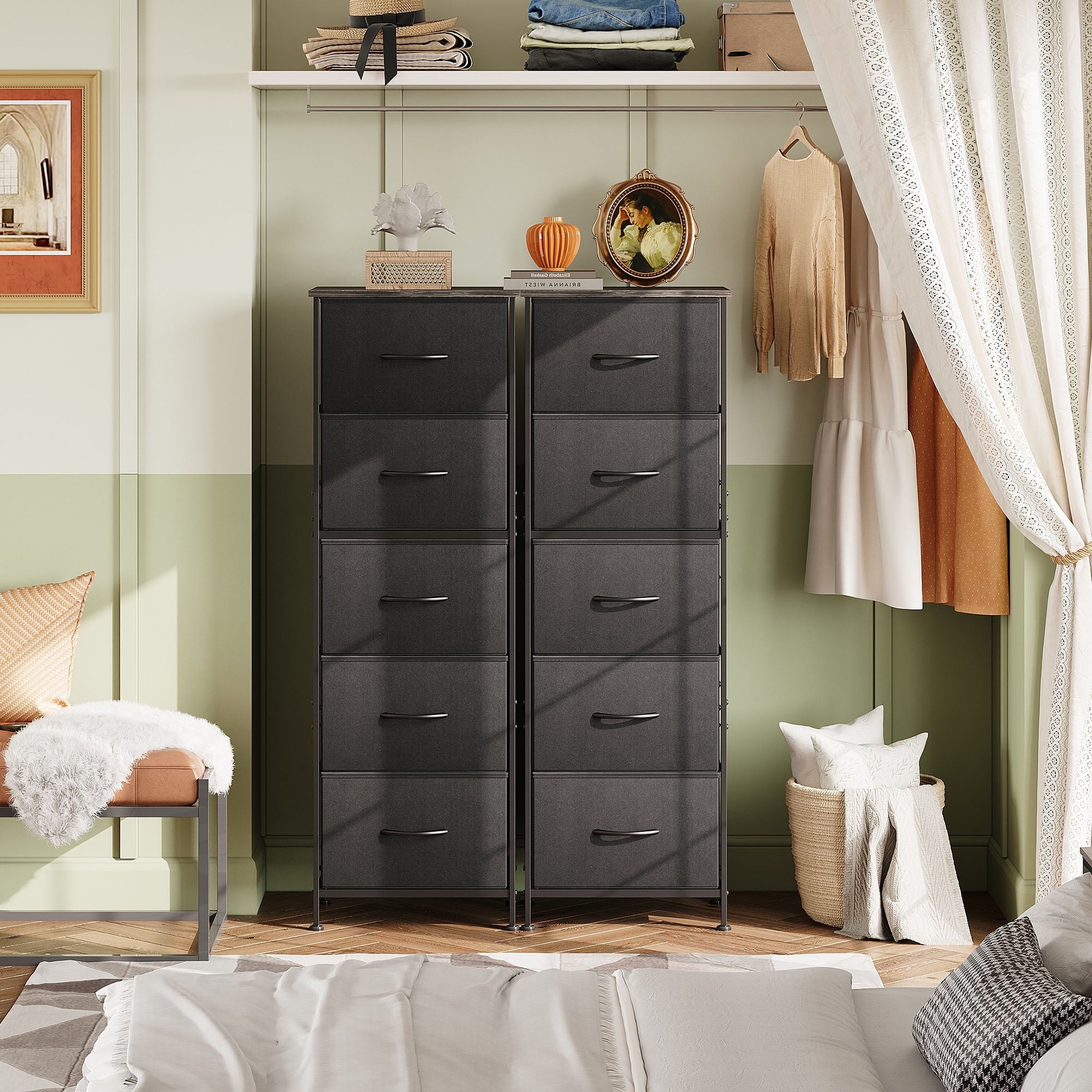 GALAXHERO 5-Drawer Tall Fabric Dresser with Wood Top, Storage Organizer Chest for Bedroom, Closet, Hallway, Sturdy Steel Frame