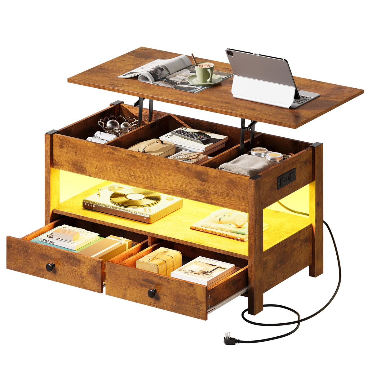 GALAXHERO Lift Top Coffee Table for Living Room Table with 2 Drawers & LED Light & Large Storage and Open Shelf