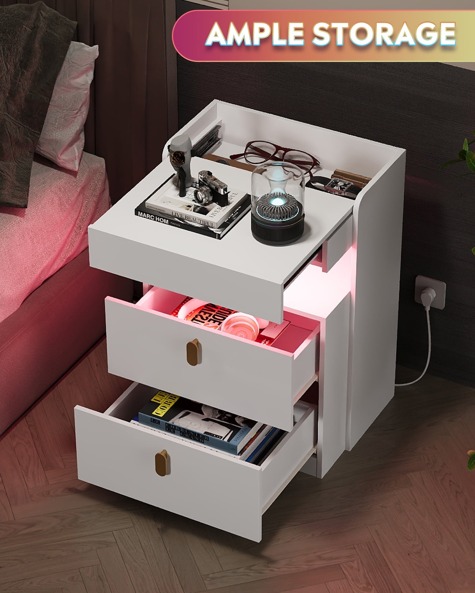 GALAXHERO Nightstand Set of 2 with Charging Station and LED Lights, 2 Drawer Bedside Tables with Sliding Top for Bedroom, Modern End Table for Living Room, White