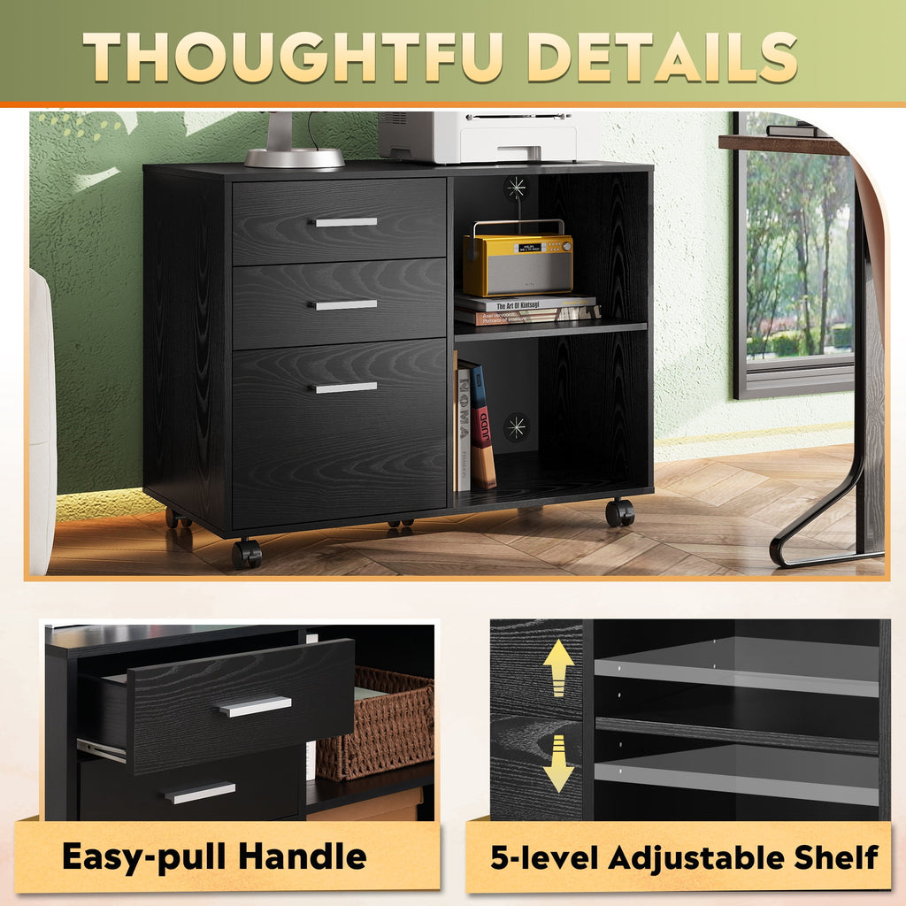 GALAXHERO 3-Drawer Wood File Cabinet, Mobile Lateral Filing Cabinet with Printer Stand and Open Shelves for Home Office