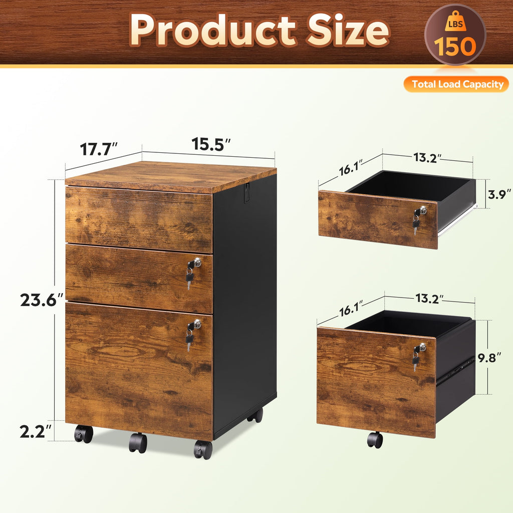 GALAXHERO 3 Drawers Storage Cabinet with Lock, Rolling Wood File Cabinet, Vertical Filing Cabinet for Home Office, Fits Letter/A4