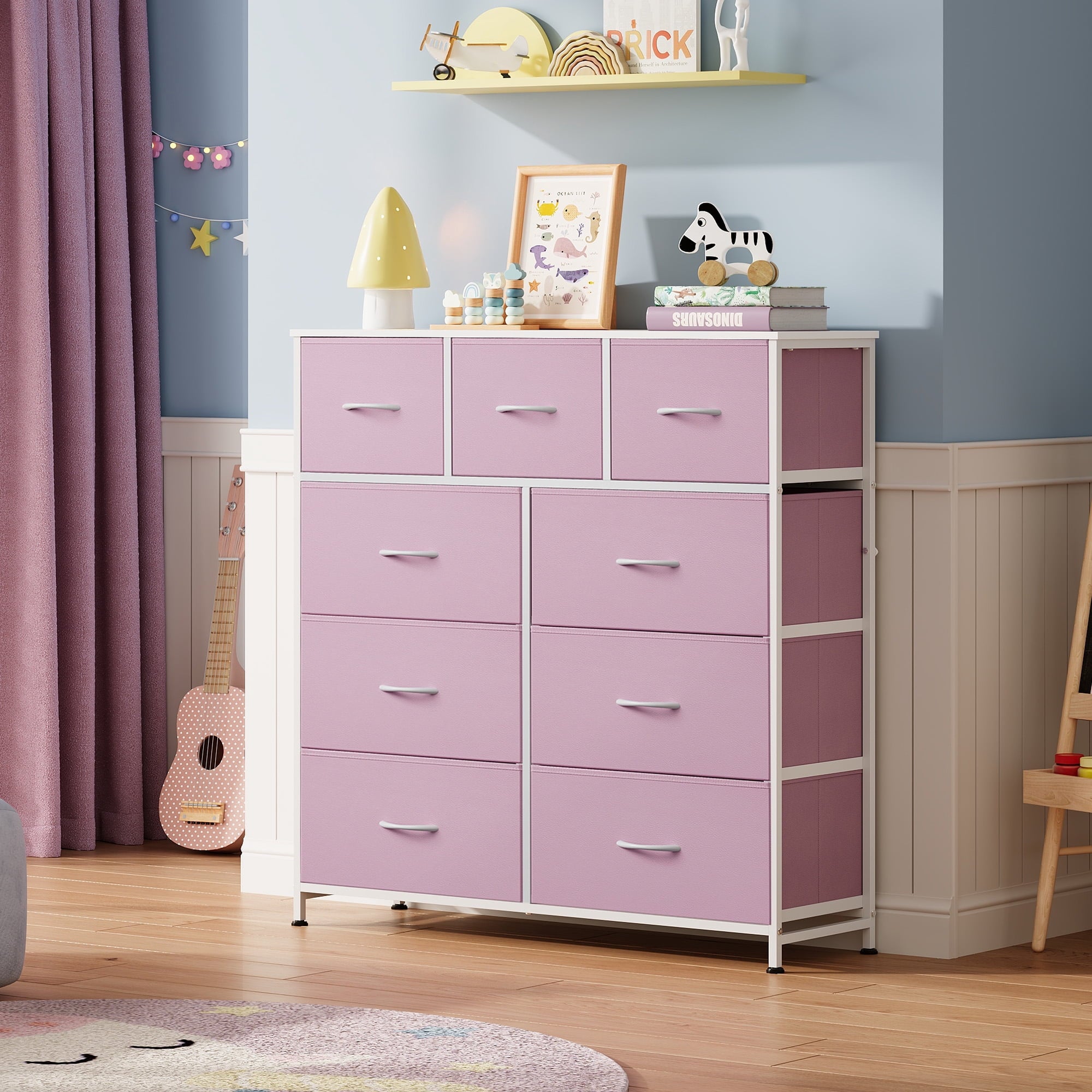 GALAXHERO 9-Drawer Fabric Dresser, Tall Storage Tower for Bedroom, Hallway, Entryway, Closet, Chest Organizer Unit with Fabric Bins, Steel Frame, Wood Top, Easy Pull Handle