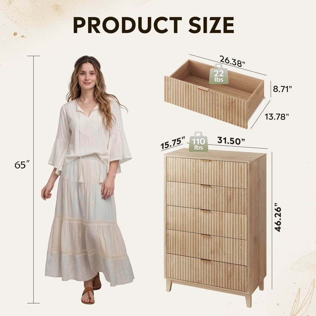 GALAXHERO 5 Drawers Dresser, Fluted Tall Dresser with Golden Metal Handles, Modern Chest of Drawers for Bedroom, Living Room, Hallway, Closet