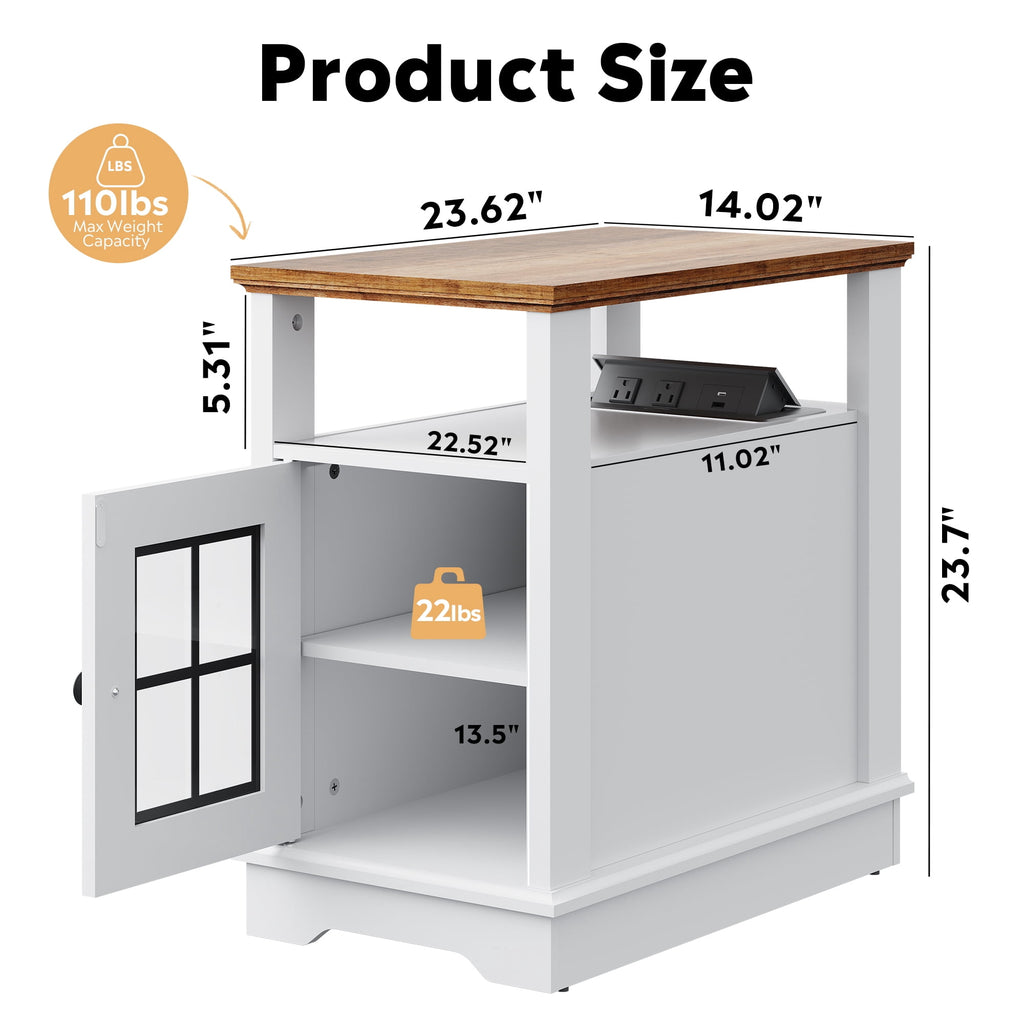 GALAXHERO Farmhouse End Table with Charging Station Narrow Side Table for Living Room Night Stand with Storage, Nightstand with USB Ports and Outlets for Bedroom