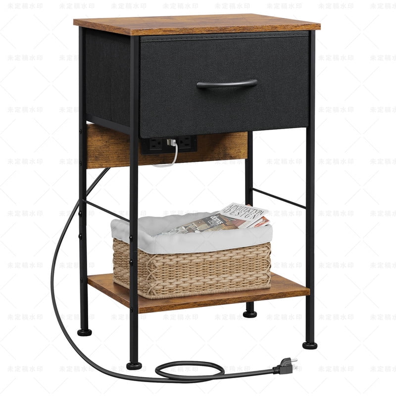 GALAXHERO Nightstand with Charging Station, Small Dresser with Drawer and Storage Shelfs for Bedroom