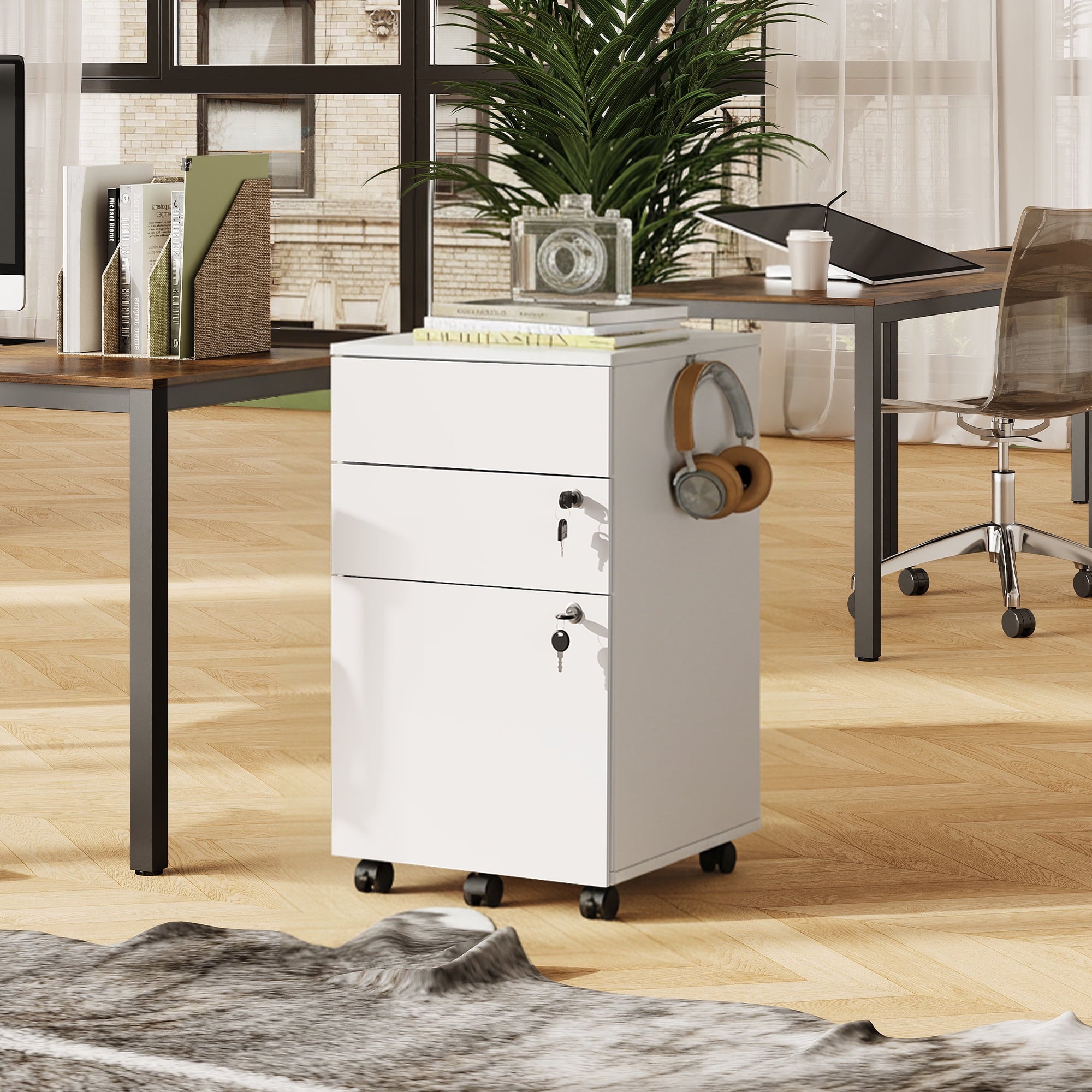 GALAXHERO File Cabinet 3-Drawer Rolling Wood Cabinet for Home Office with Lock, Fits Letter/A4/Legal Size, Retractable Hook, White