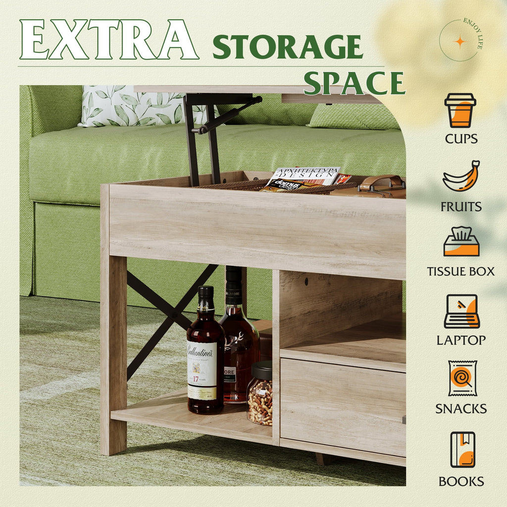 GALAXHERO Coffee Table, 39" Lift Top Coffee Table with Hidden Compartment, Storage Drawers and Storage Shelf for Living Room, Reception Room
