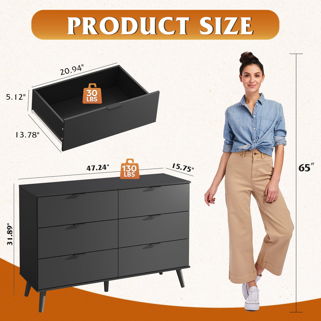 GALAXHERO 6 Drawer Wood Dresser, 47.2" Wide Chest of Drawer with Metal Handles, TV Stand for 55" TV, Double Dresser for Bedroom, Living Room, Hallway, Closet