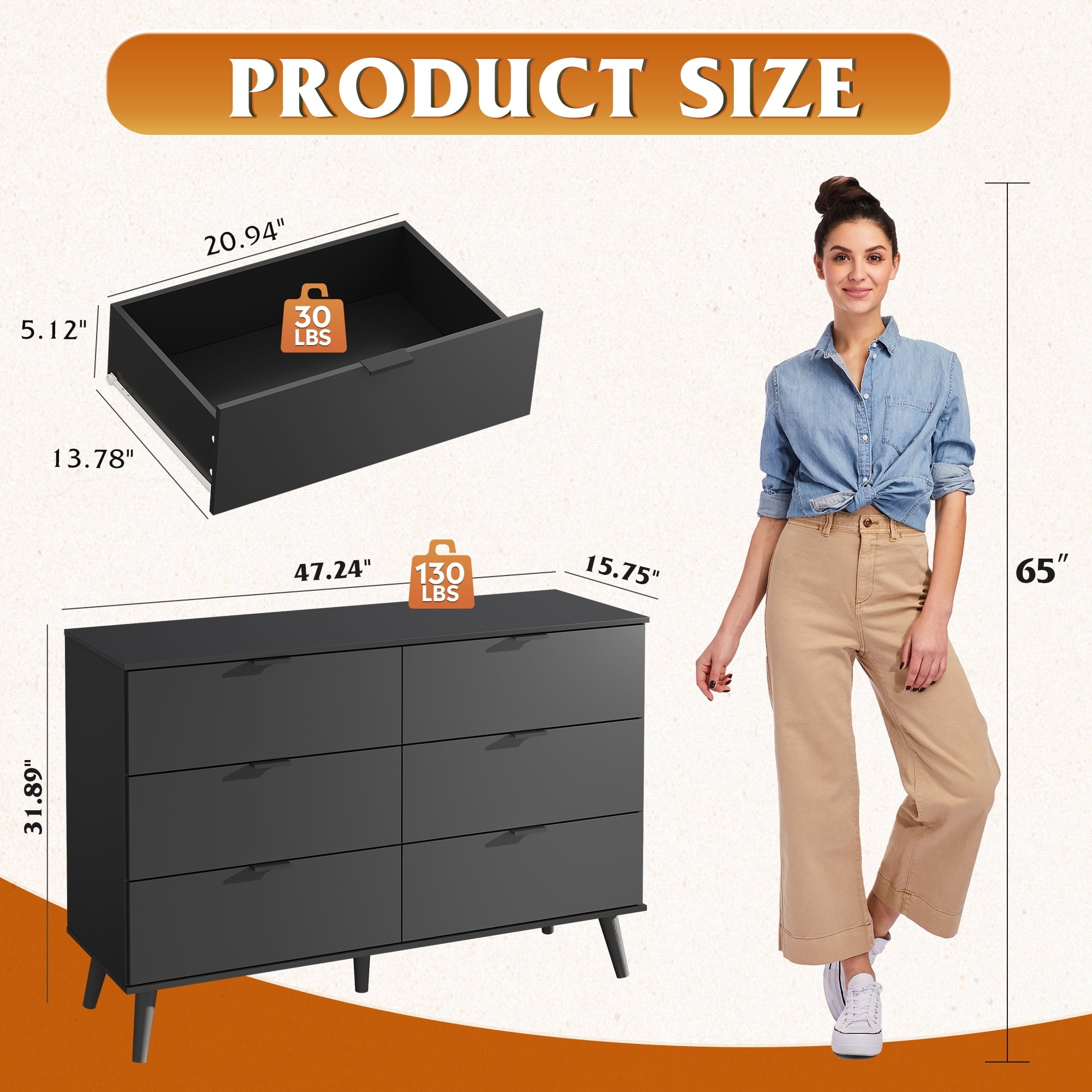 GALAXHERO 6 Drawer Wood Dresser, 47.2" Wide Chest of Drawer with Metal Handles, TV Stand for 55" TV, Double Dresser for Bedroom, Living Room, Hallway, Closet