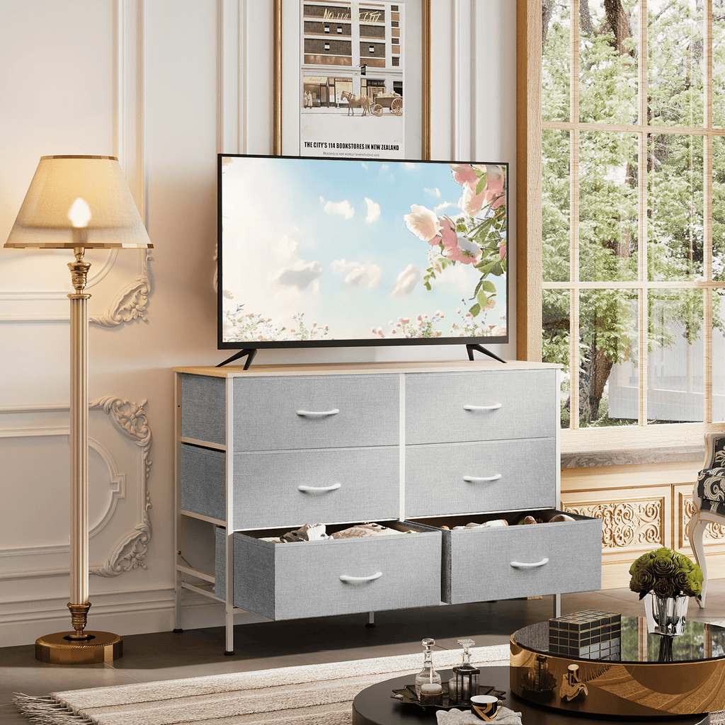 GALAXHERO 6-Drawer Fabric Dresser, 50-Inch TV Stand Wide Chest of Drawers for Bedroom, Closet, Living Room