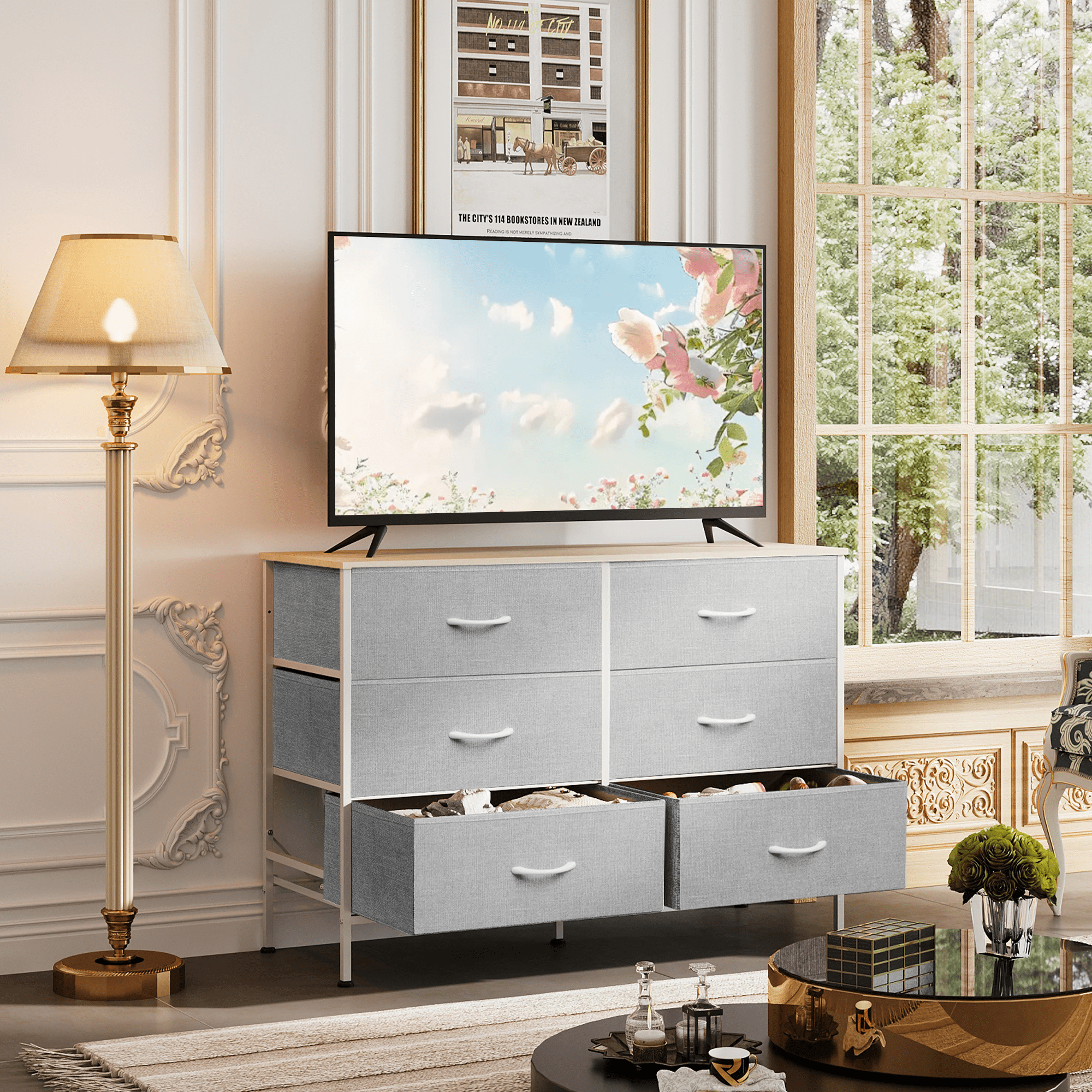 GALAXHERO 6-Drawer Fabric Dresser, 50-Inch TV Stand Wide Chest of Drawers for Bedroom, Closet, Living Room