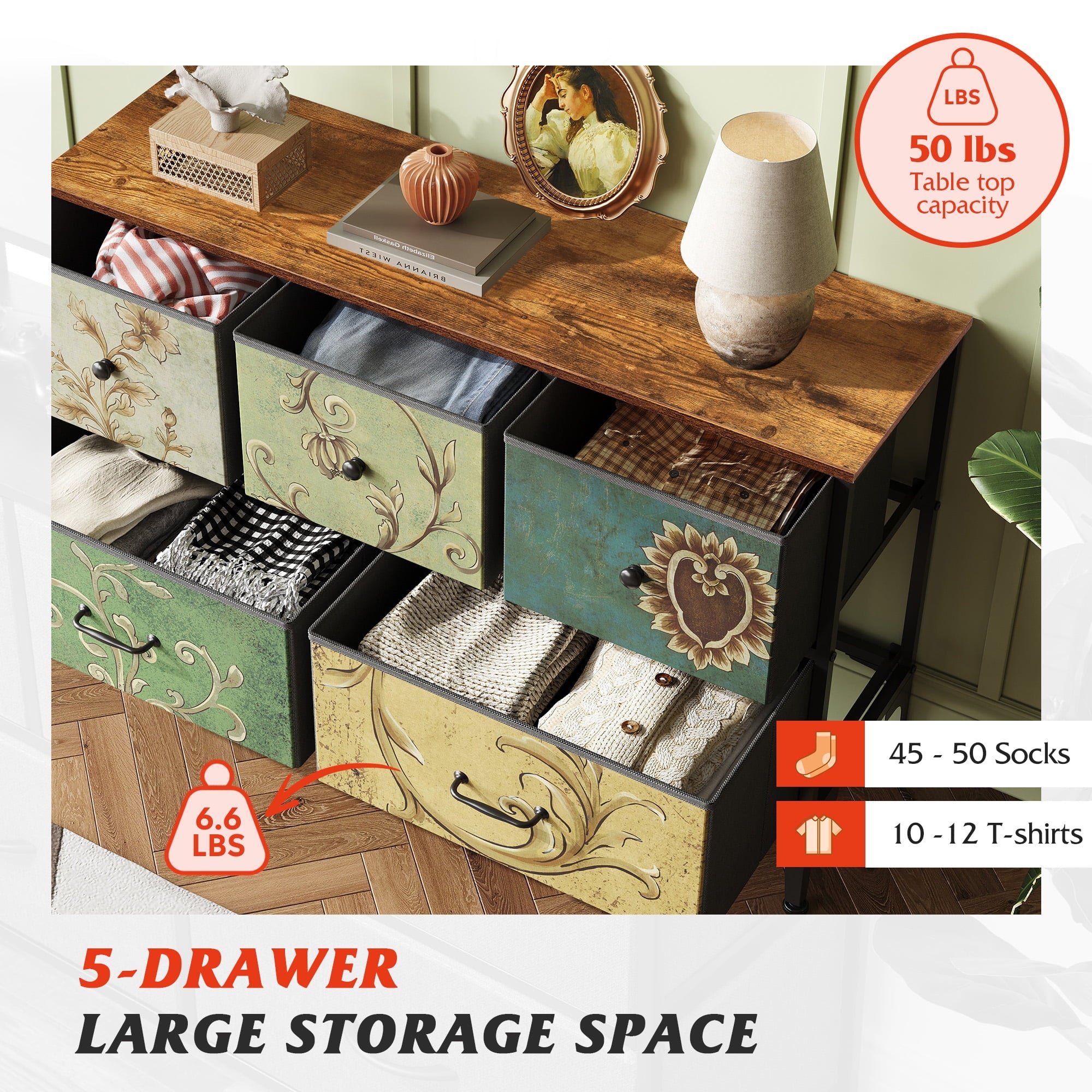 GALAXHERO 5-Drawer Wide Fabric Dresser Storage Organizer Unit, Chest of Drawers with Fabric Bins for Bedroom, Closet, Living Room, Hallway