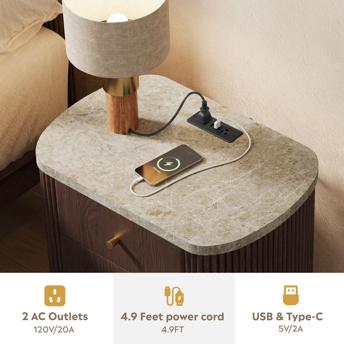 GALAXHERO Mid Century Modern Nightstand with Charging Station, 2-Drawer Fluted Wood Bedside Table with Open Shelf for Bedroom Living Room Dorm