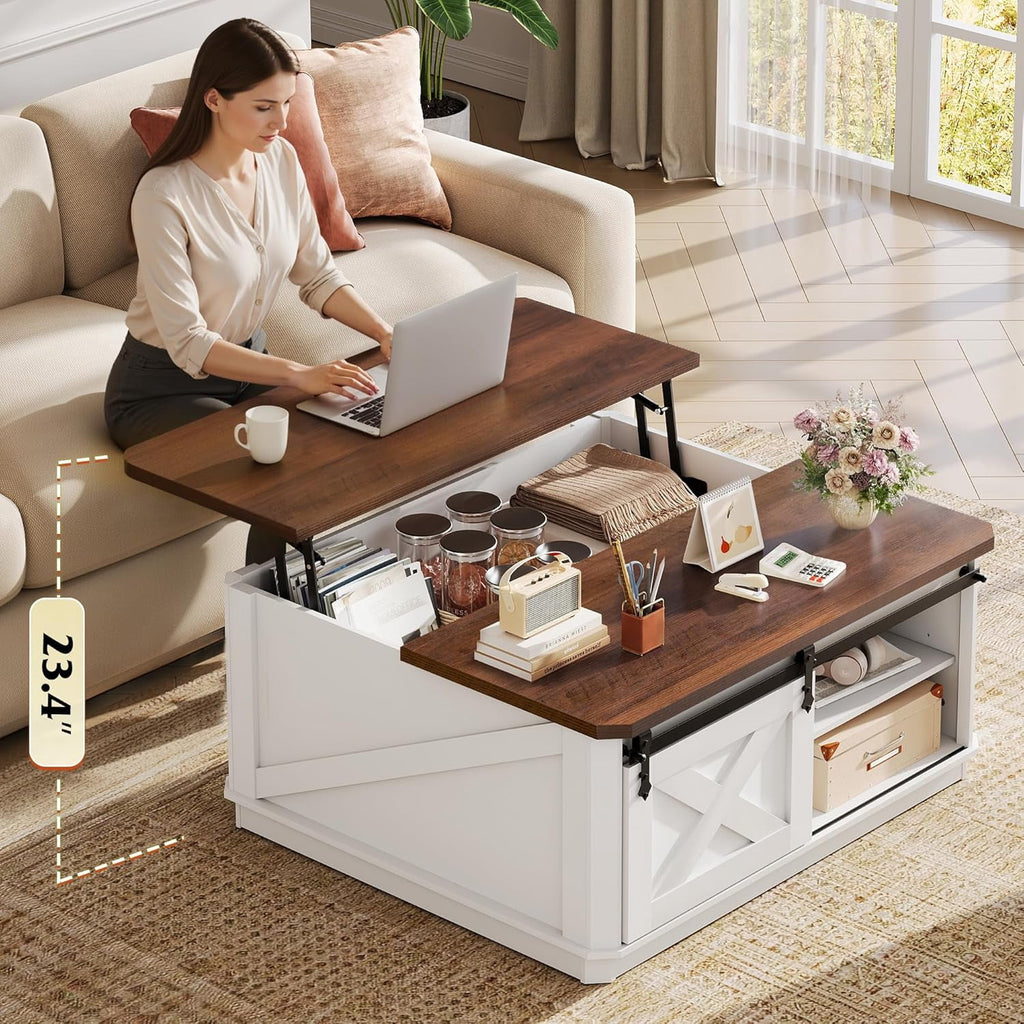 GALAXHERO Lift Top Coffee Table for Living Room 35.5" Framhouse Coffee Table with Storage, Square Center Table Rustic Cocktail Table with Sliding Barn Doors, Curevd Base