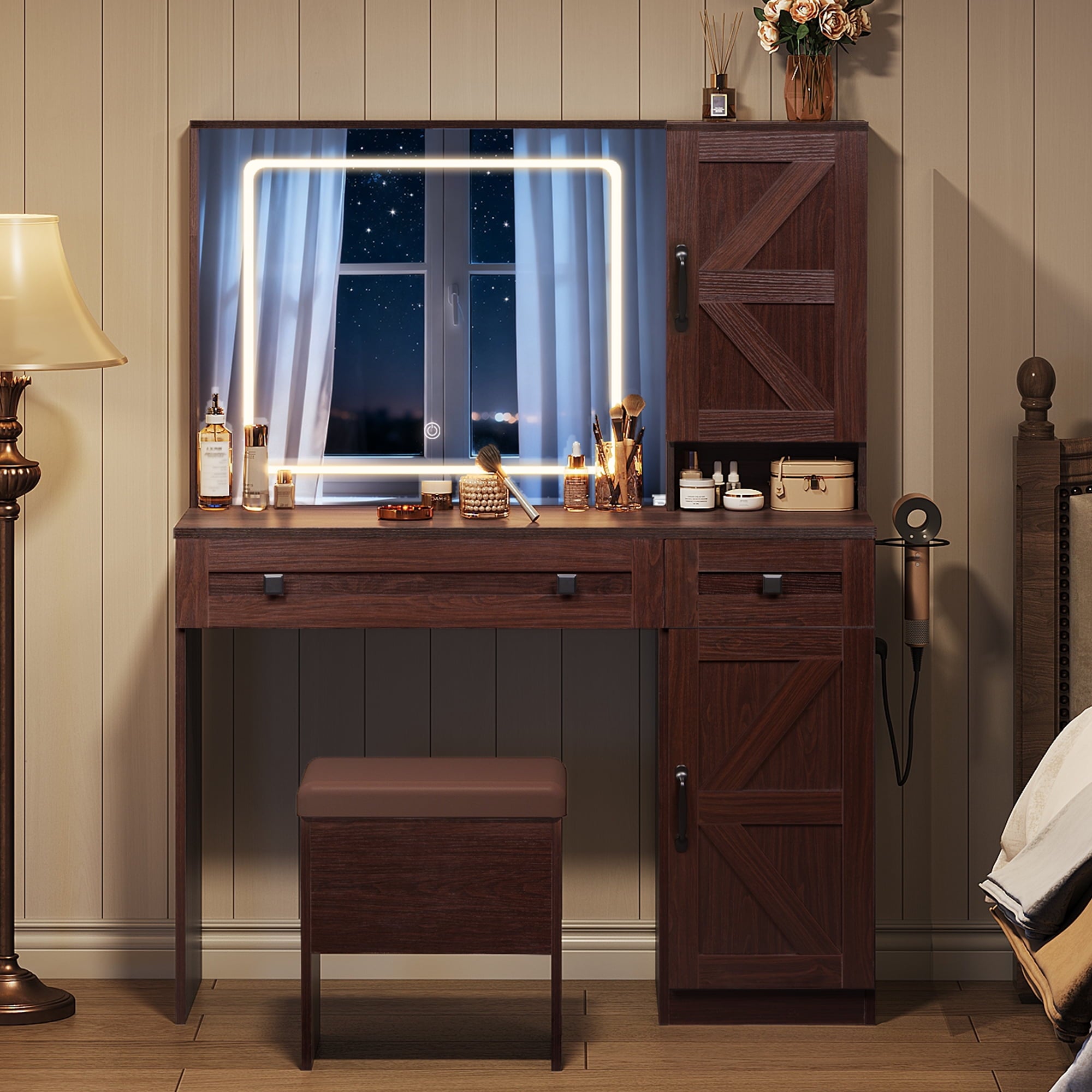 GALAXHERO Farmhouse Vanity Desk, Makeup Table Set with Mirror and Lights, Dressing Table with 2 Drawers and 2 Cabinets, Hair Dryer Holder for Bedroom