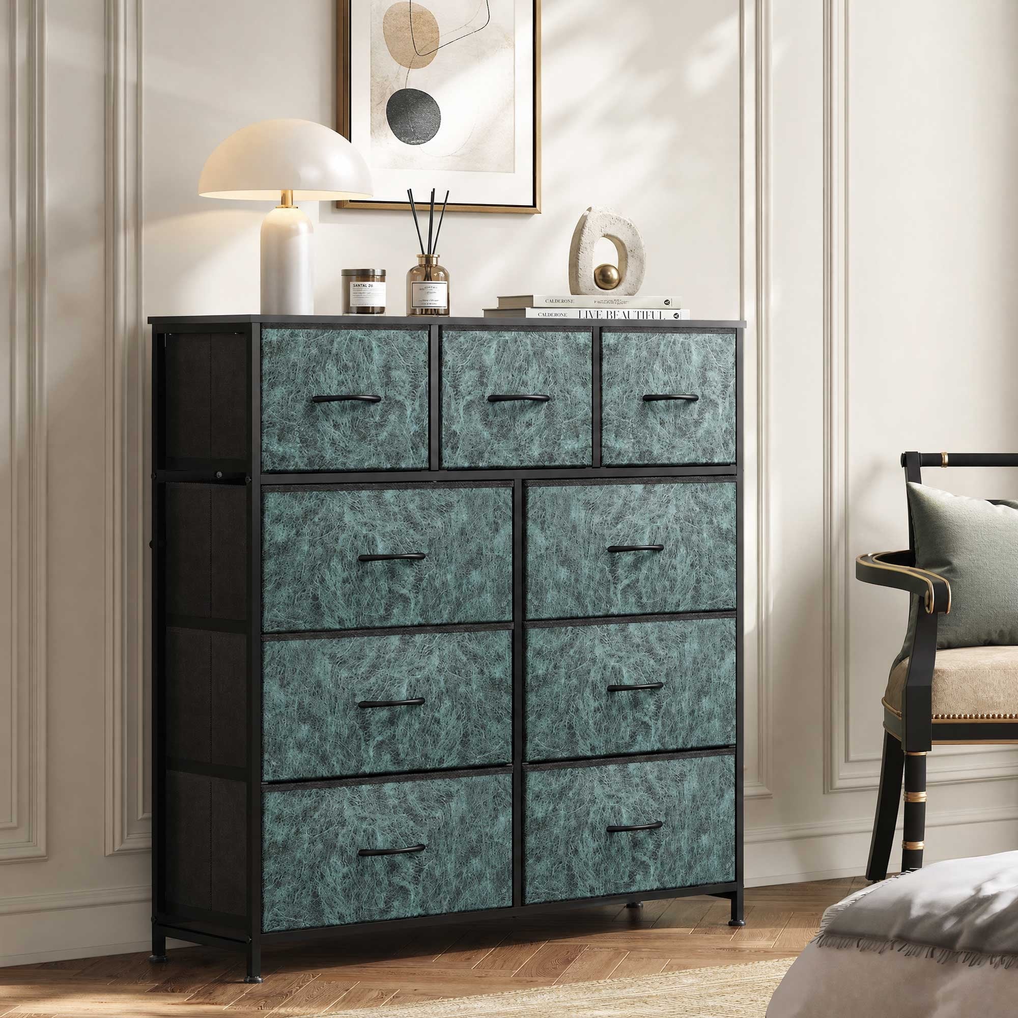 GALAXHERO 9-Drawer Fabric Dresser, Tall Storage Tower for Bedroom, Hallway, Entryway, Closet, Chest Organizer Unit with Fabric Bins, Steel Frame, Wood Top, Wood Grain Print