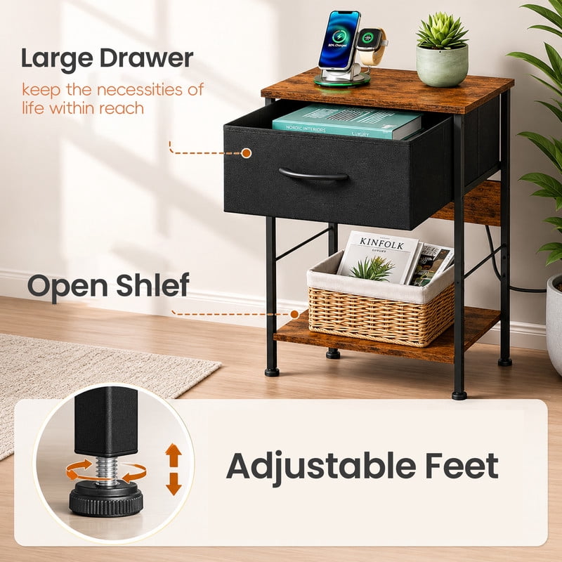 GALAXHERO Nightstand with Charging Station, Small Dresser with Drawer and Storage Shelfs for Bedroom
