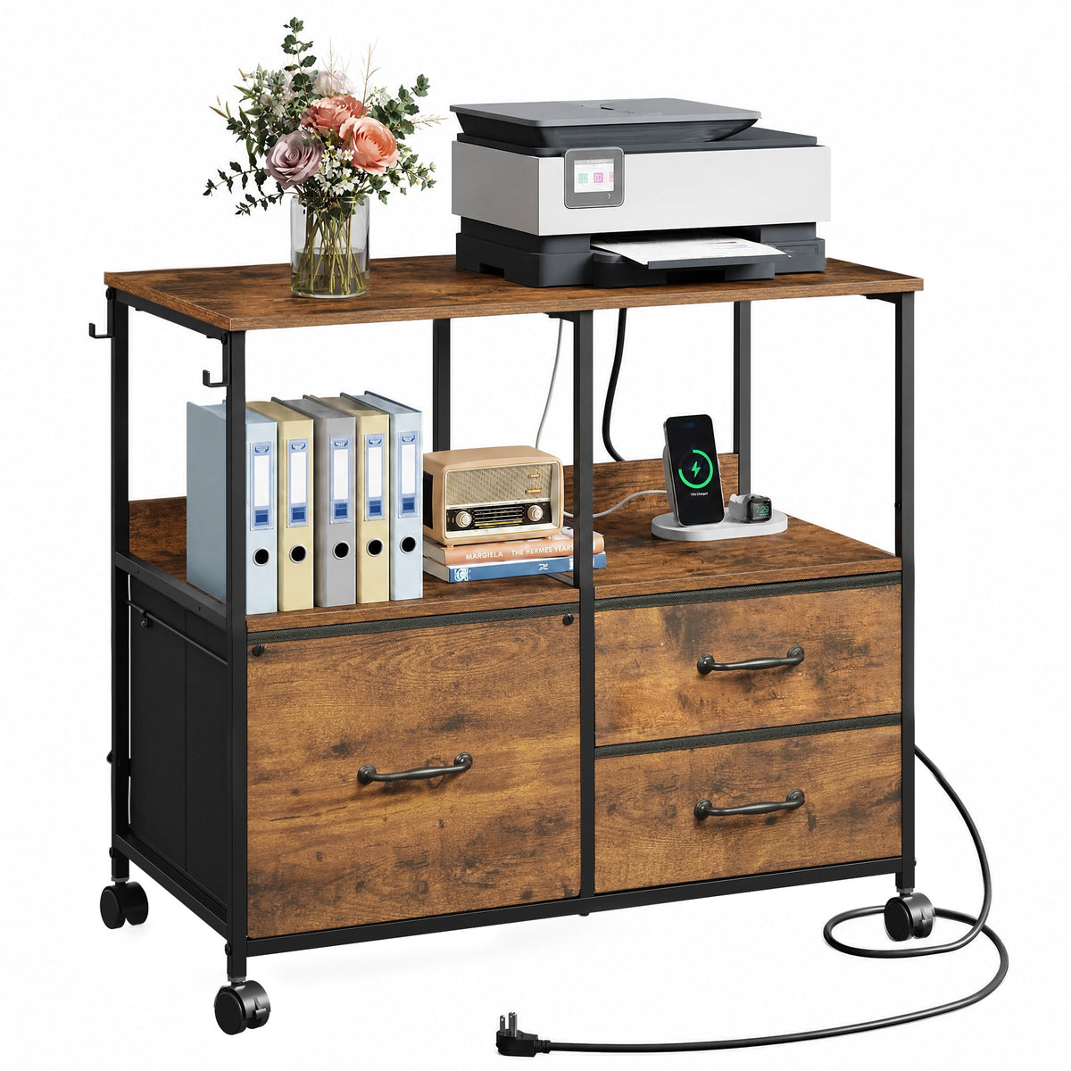 GALAXHERO 3 Drawer File Cabinet with Charging Station, Mobile Printer Stand with Storage Shelves, Filing Cabinet Furniture for Home Office, Fits Letter/A4