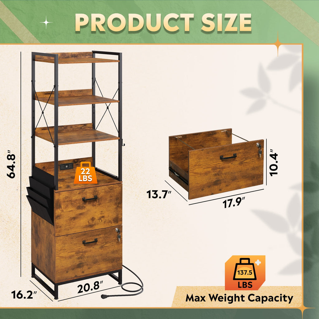 GALAXHERO 2 Drawer File Cabinet with Charging Station, Tall Vertical Filling Cabinet with Lock, Fits Letter/A4/Legal Size, Printer Stand & Adjustable Shelves for Home Office, Rustic Brown