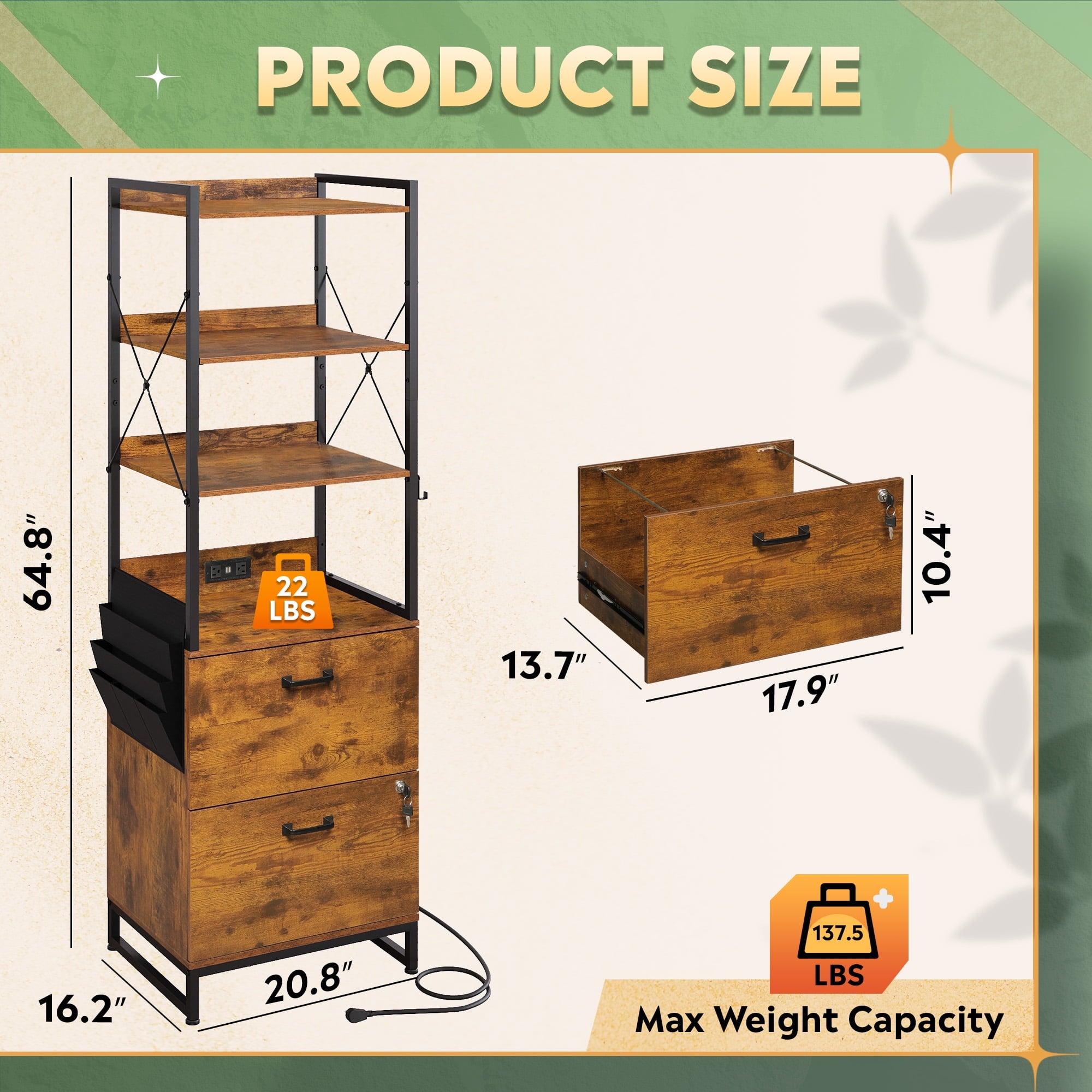 GALAXHERO 2 Drawer File Cabinet with Charging Station, Tall Vertical Filling Cabinet with Lock, Fits Letter/A4/Legal Size, Printer Stand & Adjustable Shelves for Home Office, Rustic Brown