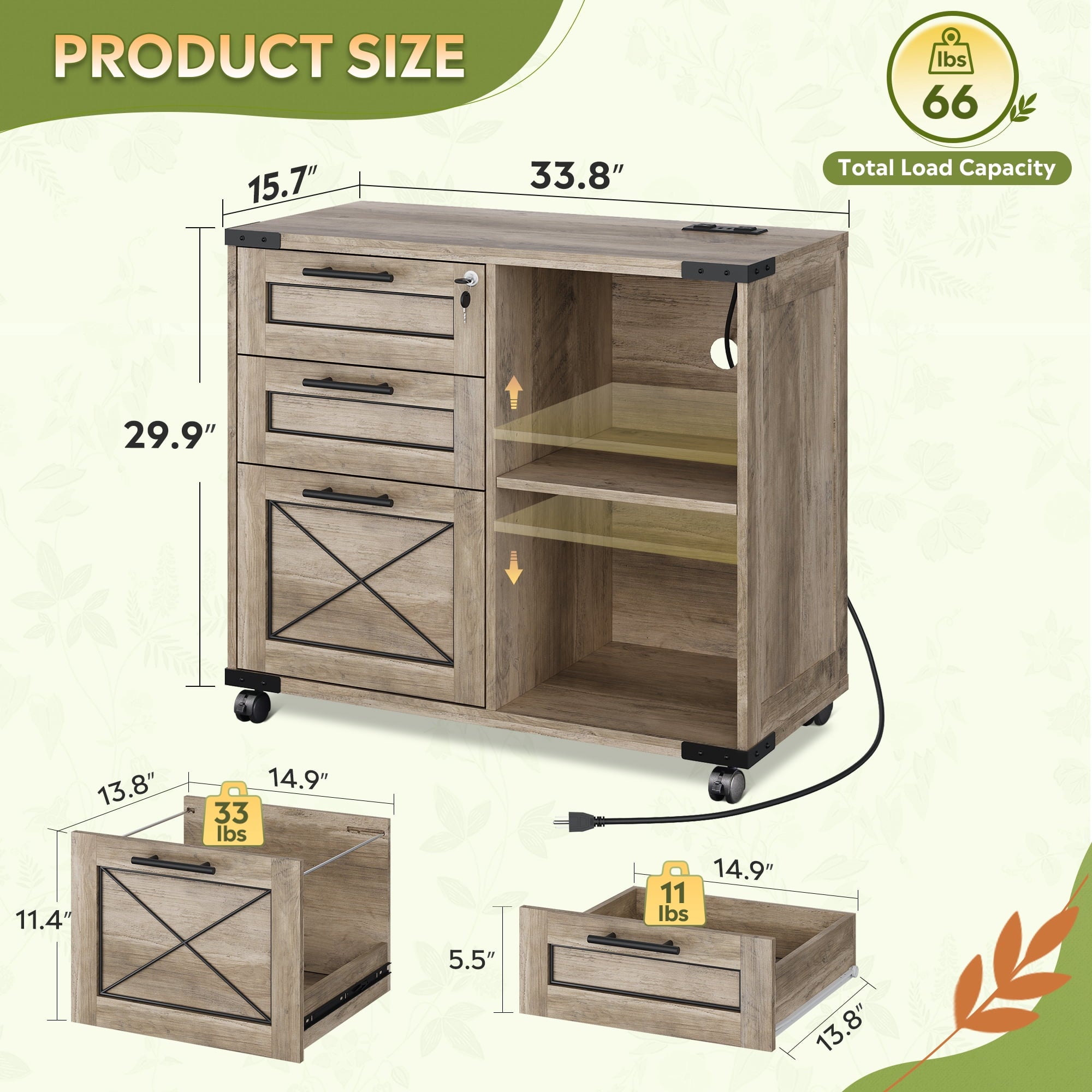 GALAXHERO 3-Drawer Locking File Cabinet, Wood Filing Cabinets with Charging Station, Rolling Printer Stand for Home Office