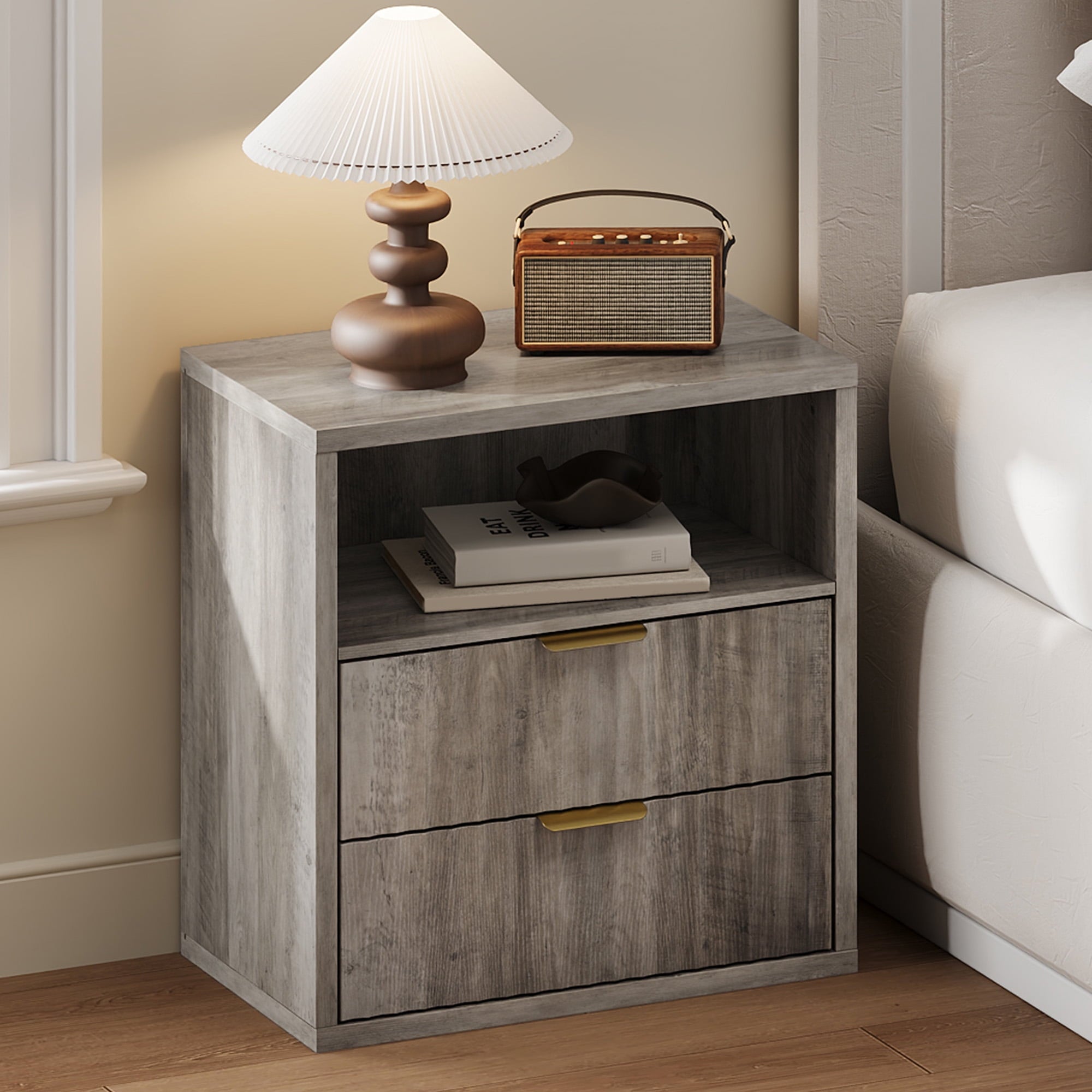 GALAXHERO 2 Drawer Nightstands Set of 2, Wood Fluted End Table with Open Shelf, Mid Century Modern Bedside Tables for Bedroom, Living Room