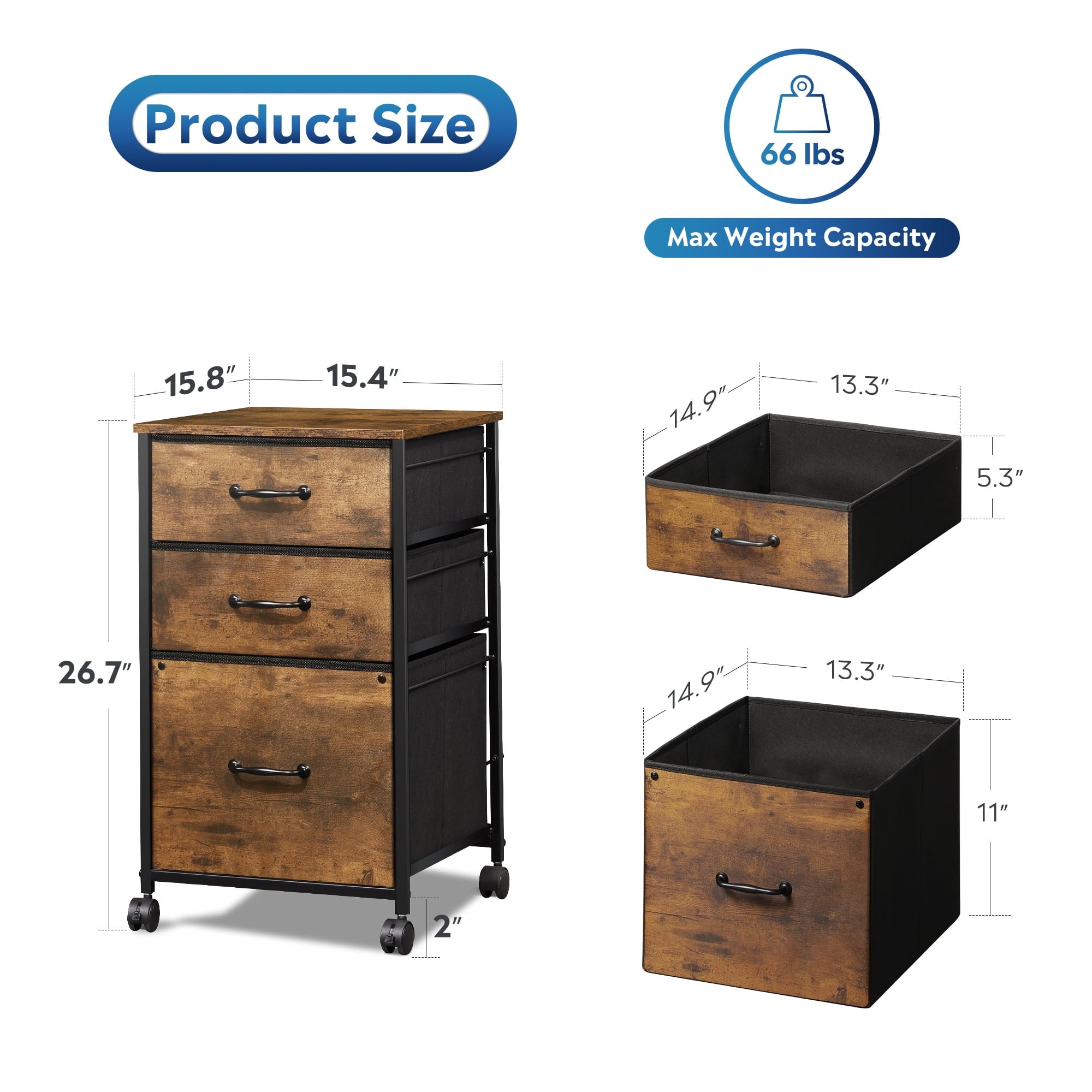 GALAXHERO 3 Drawers Mobile File Cabinet, Desk Table Cabinet Fits A4/Letter Size, Home Office Furniture,  Wood Grain