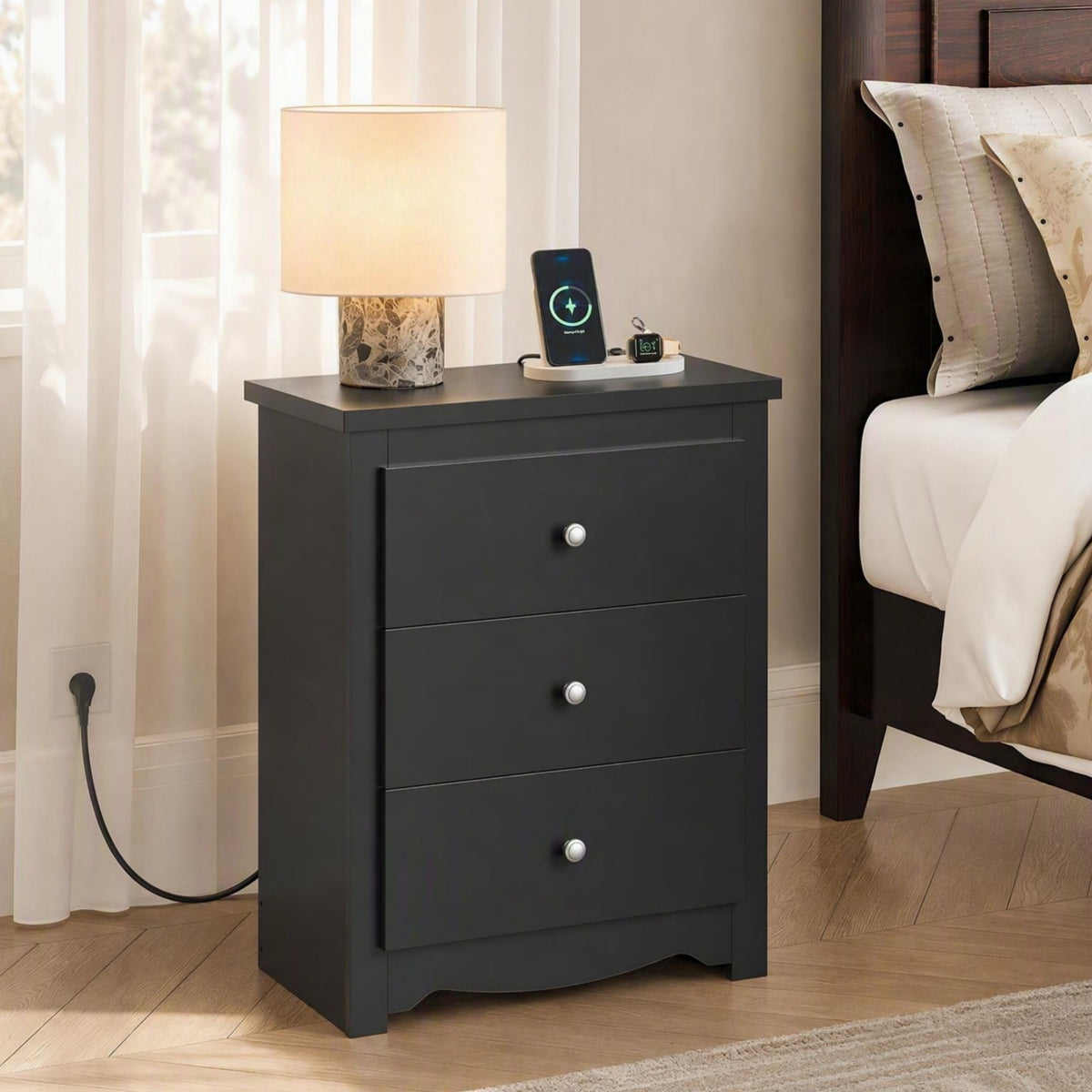 GALAXHERO Nightstand with Charging Station, 3-Drawer Tall Wood Bedside Table & End Table for Bedroom Living Room Dorm