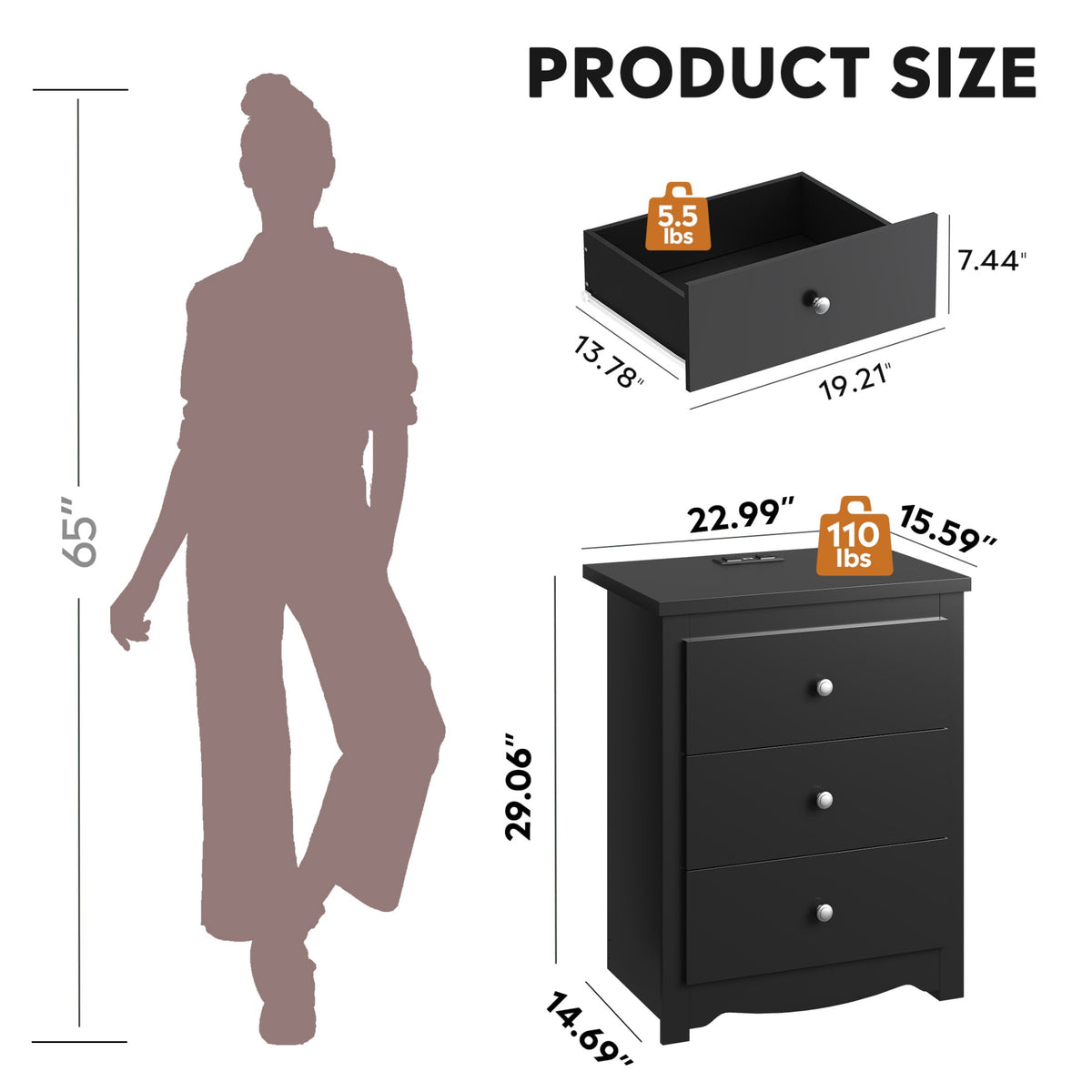 GALAXHERO Nightstand with Charging Station, 3-Drawer Tall Wood Bedside Table & End Table for Bedroom Living Room Dorm