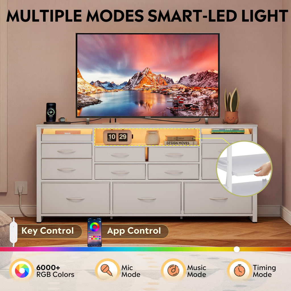 GALAXHERO 13 Drawers Dresser for Bedroom, TV Stand for 65'' TV with LED Lights, Entertainment Center with Charging Station, Fabric Chest of Drawers for Living Room, Entryway