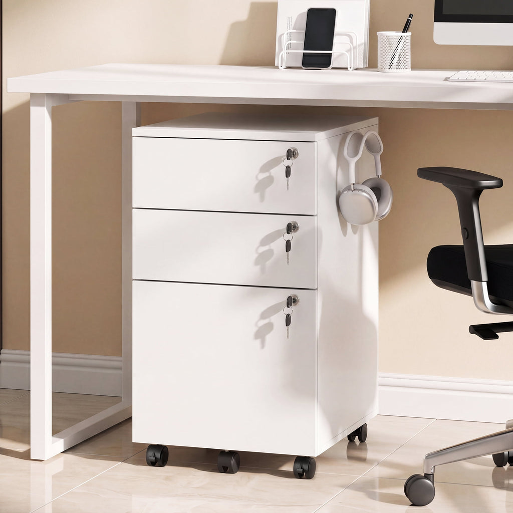 GALAXHERO 3 Drawers Storage Cabinet with Lock, Rolling Wood File Cabinet, Vertical Filing Cabinet for Home Office, Fits Letter/A4