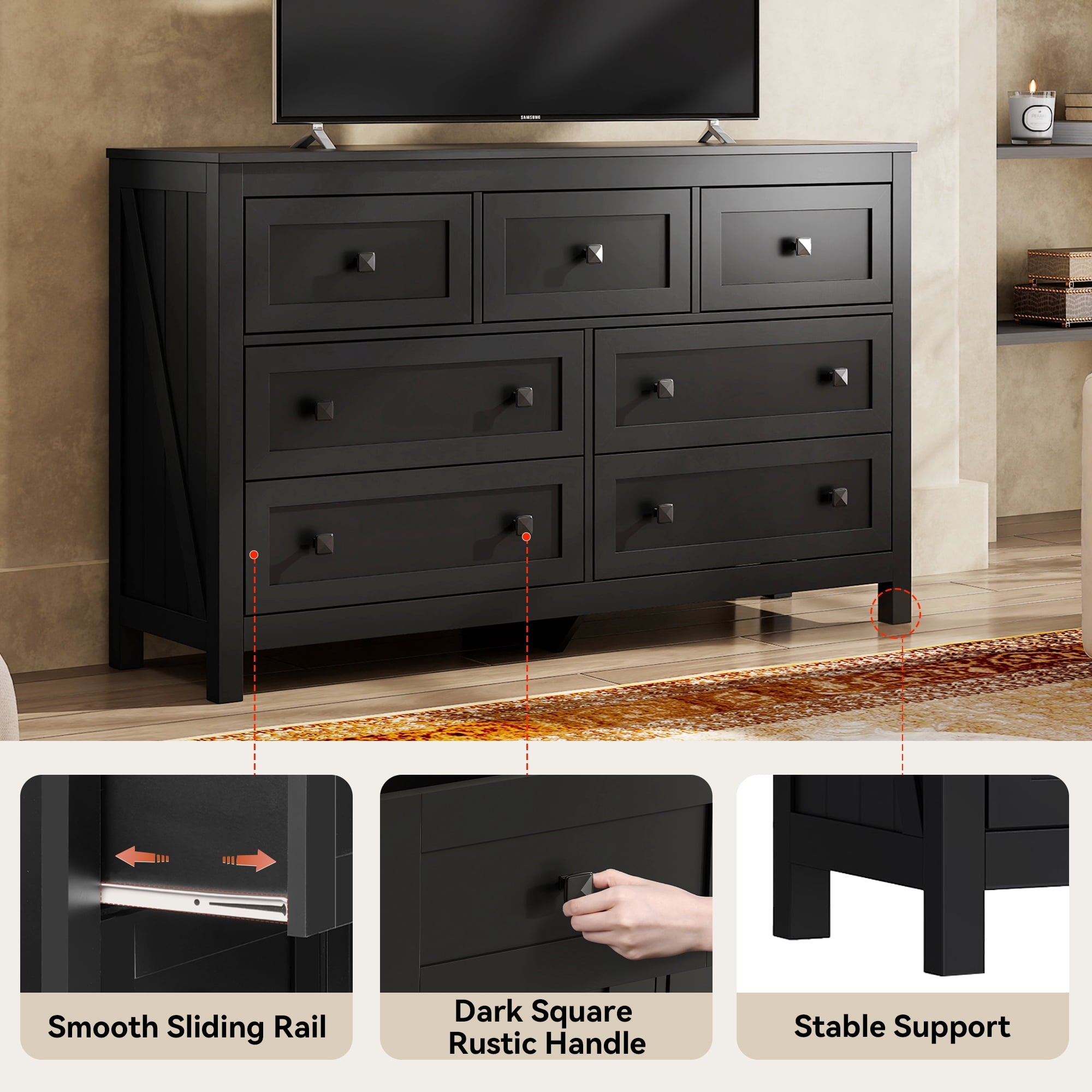 GALAXHERO Farmhouse Dresser for Bedroom, 51.18'' Wide 7 Drawer Wood Dresser, TV Stand for 65 inch TV, Wooden Chest of Drawers for Bedroom, Modern Clothes Organizer for Living Room, Hallway