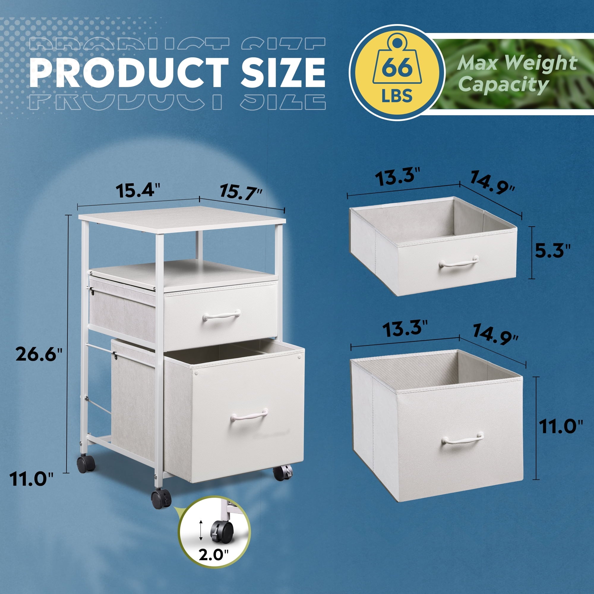 GALAXHERO 2 Drawer File Cabinets, Mobile Printer Stand with Storage Shelf for Home/Office/A4 /Letter, White