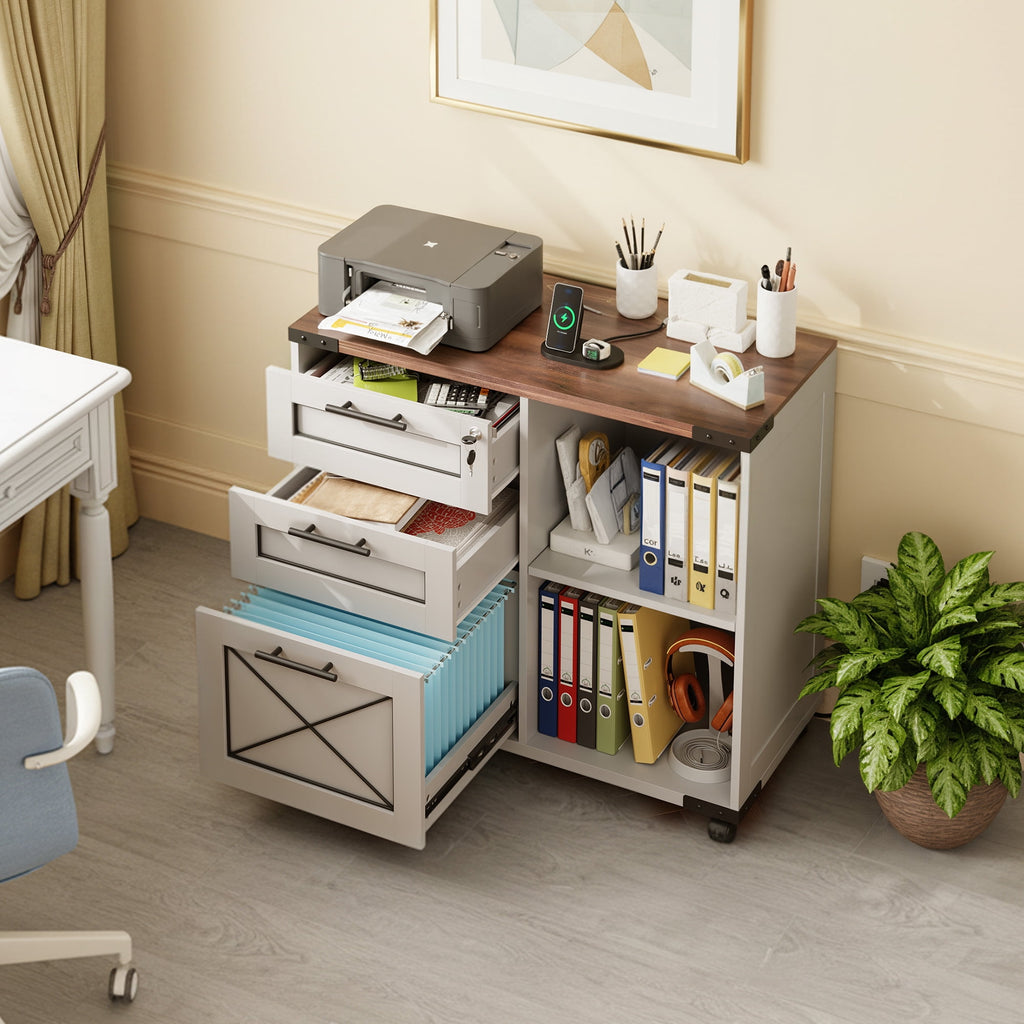 GALAXHERO 3-Drawer Locking File Cabinet, Wood Filing Cabinets with Charging Station, Rolling Printer Stand for Home Office