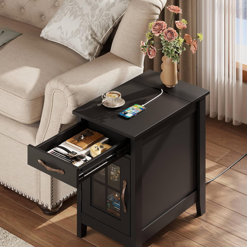 GALAXHERO End Table with Charging Station Narrow Side Table for Living Room with Storage, Small Wooden Cabinet Nightstand with USB Ports and Outlets